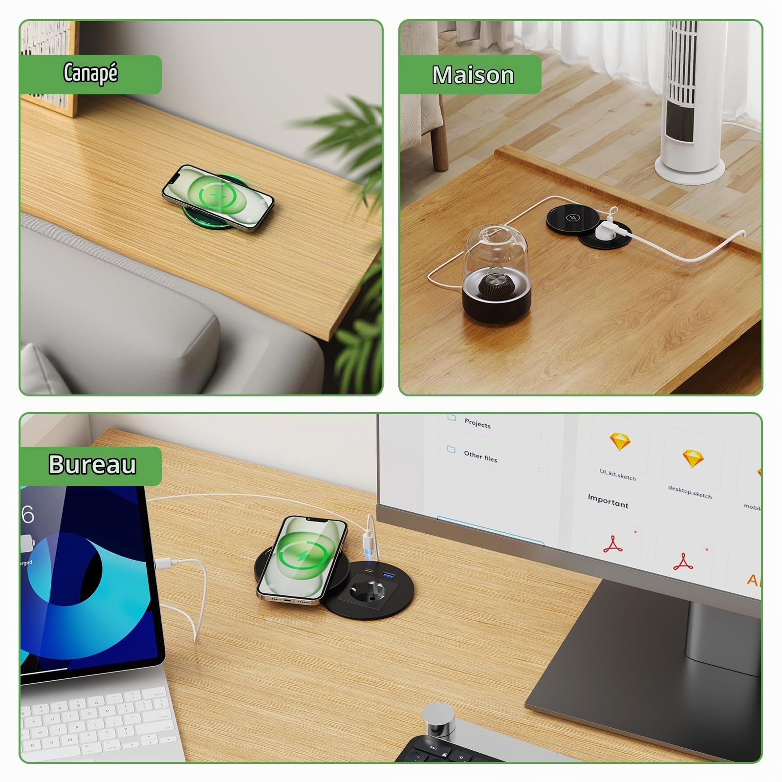 Multiprise Encastrable USB C PD 30W avec Chargeur sans Fil 15W, Prise Encastrable Plan de Travail USB C, Bloc Prise Escamotable pour Meubles, Cuisine, Bureau 2M Câble, Diamètre 80mm, Noir