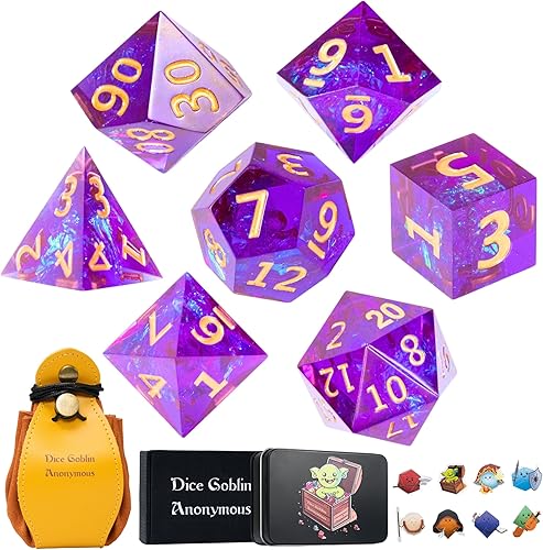 DND - Juego de 7 dados poliédricos de resina de borde afilado para Calabozos y Dragones, con bolsa de dados, bandeja de dados y calcomanías (lavanda