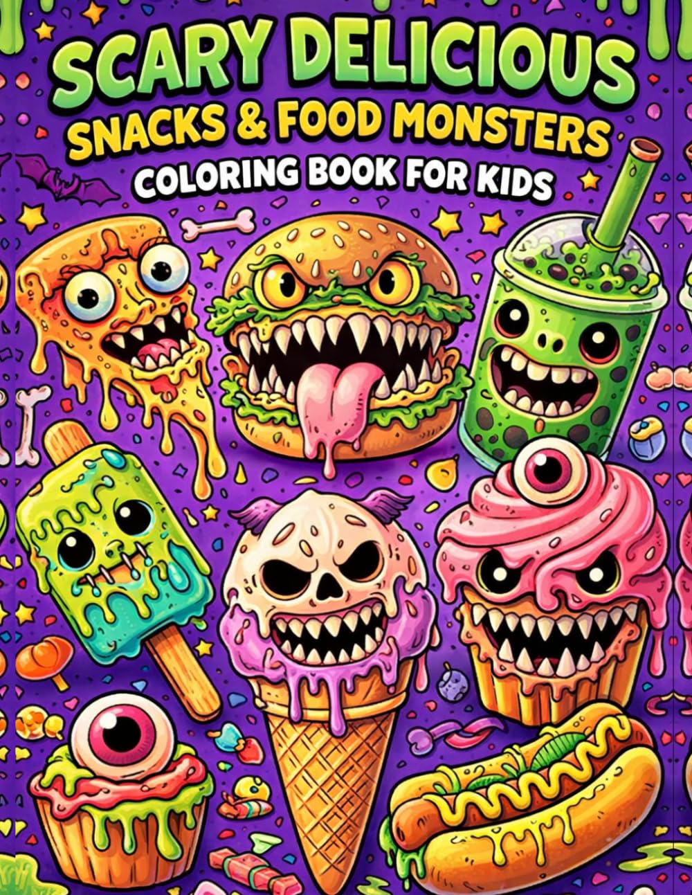 Scary Delicious Snacks & Food Monsters Coloring Book for Kids: Fun Monster Treats and Drinks Spooky Kawaii Yummy Sweets Coloring Pages Amazing Food Gift for Boys and Girls