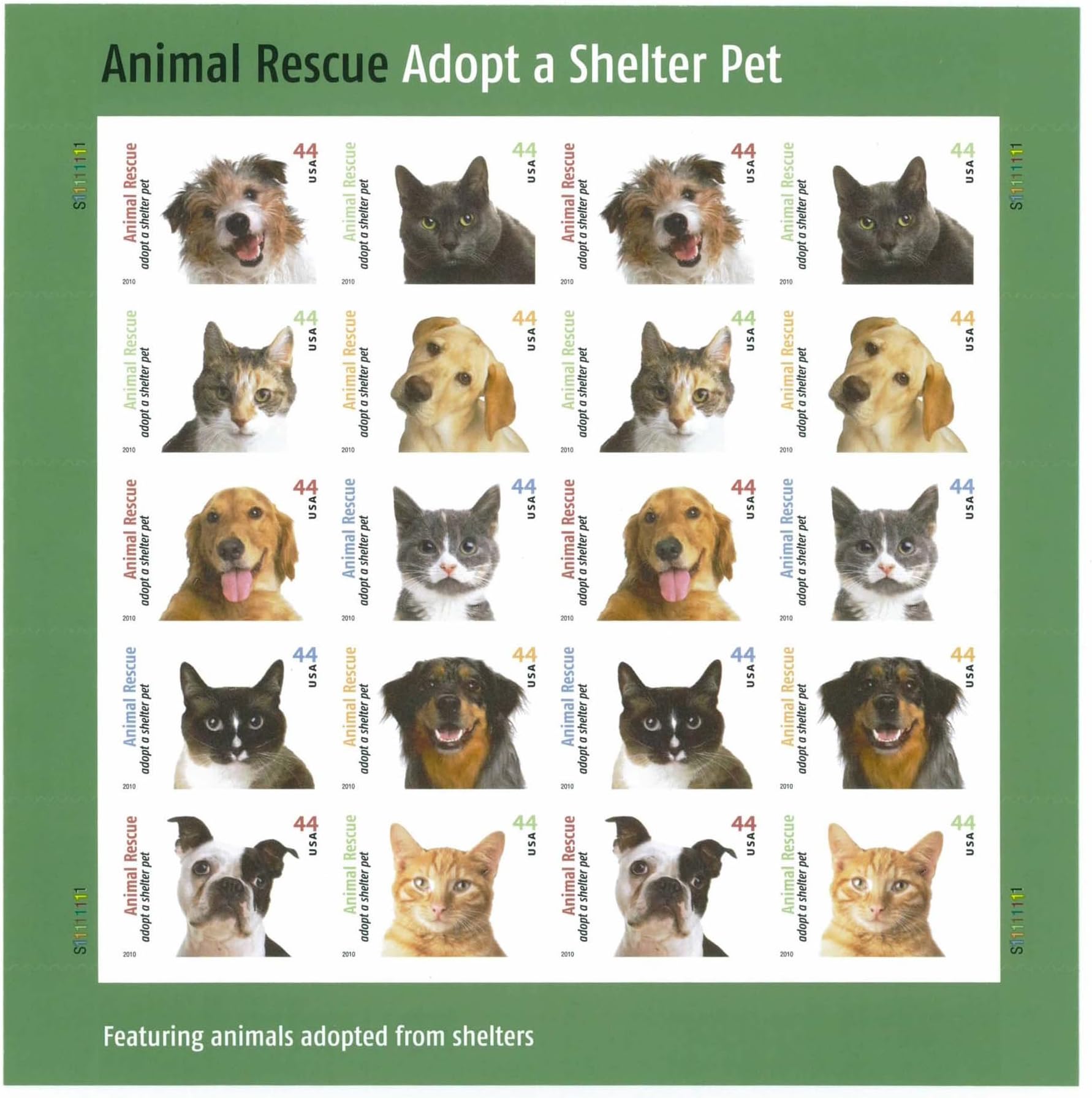 Animal Rescue Sheet of Twenty 44 Cents Stamps Scott 4451-60 By USPS