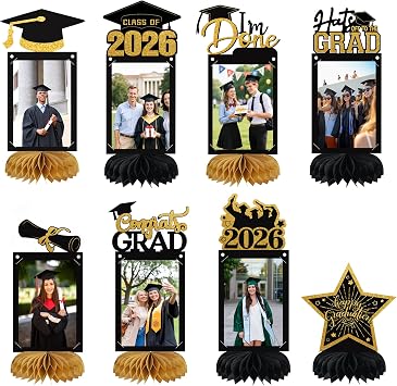 8pcs Graduation Decorations Class of 2026 Table Centerpieces, Congrats Glitter Grad Honeycomb Centerpieces for Photo Tables Toppers 2026 Graduation Party Decor Black Gold