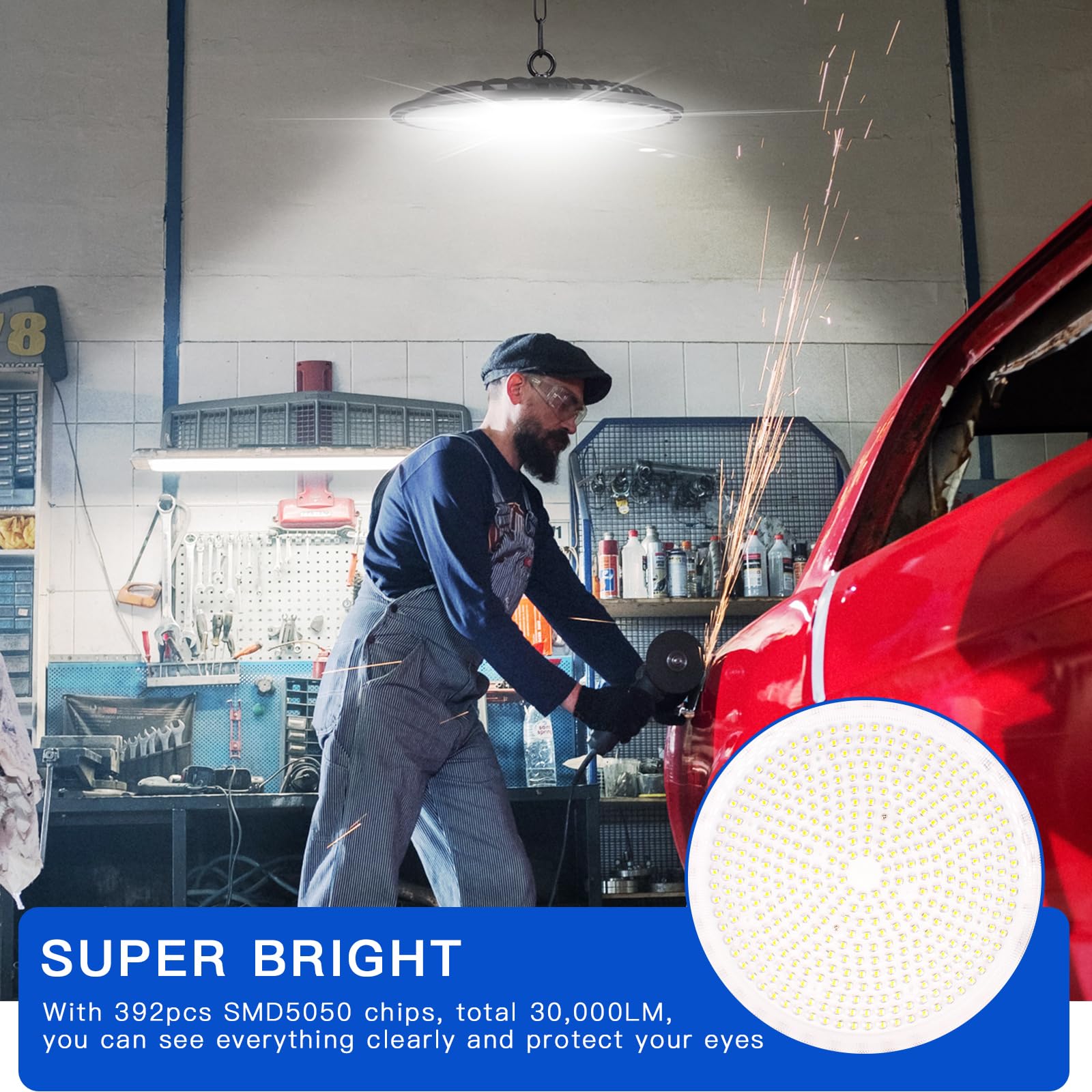 300W Naves Industriales LED, 30000LM UFO Lámpara Alta Bahía IP65 Foco LED Taller Lámpara Campana Industrial UFO para Fábricas, Aeropuerto, Patio, Restaurante