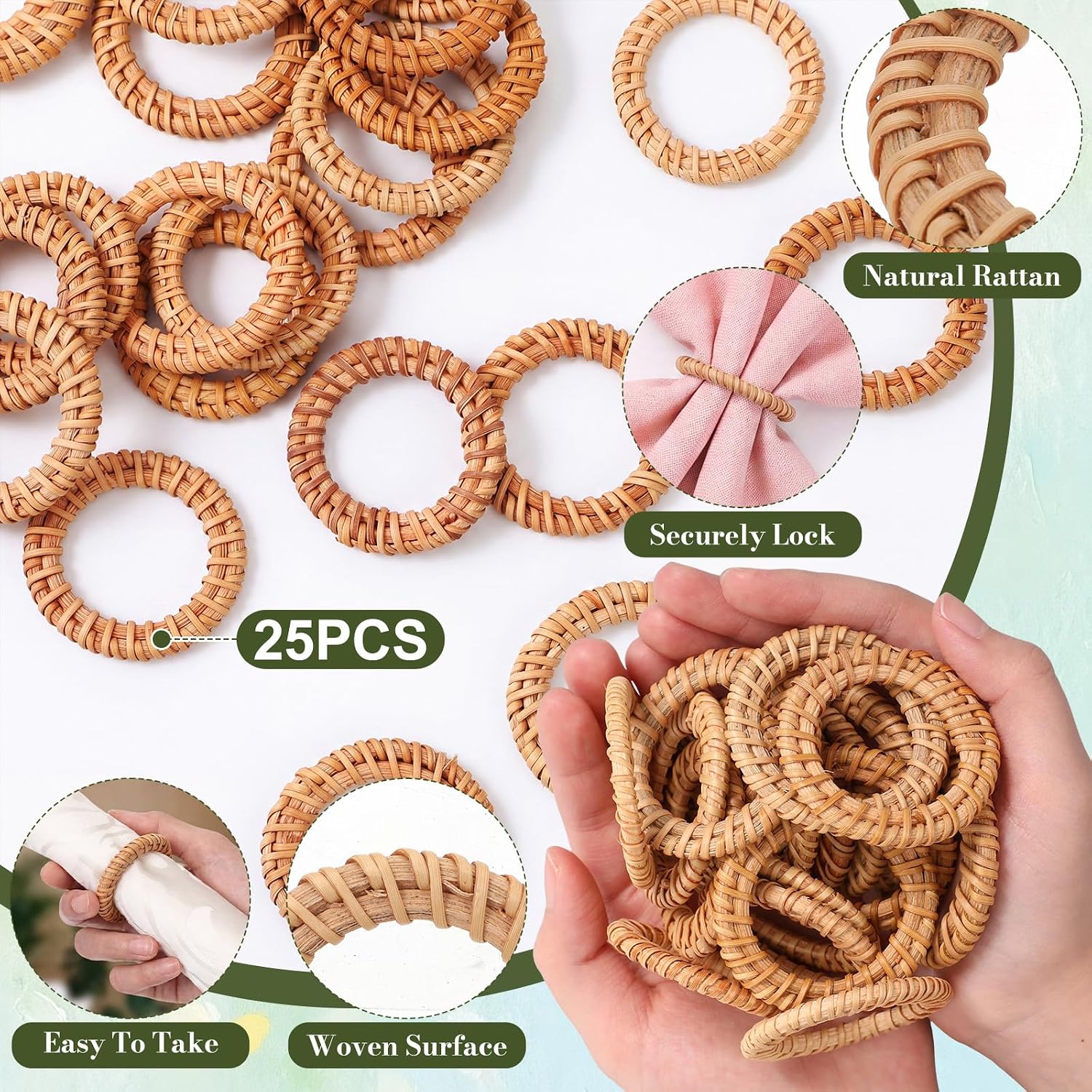 50 Pcs Boho Woven Rattan Napkin Rings Bulk Rustic Style Round Dining Table Napkin Holders for Elegant Banquet Home Wedding Harvest Holiday Party Gift Mini Hanging Rings (Natural,Rattan)