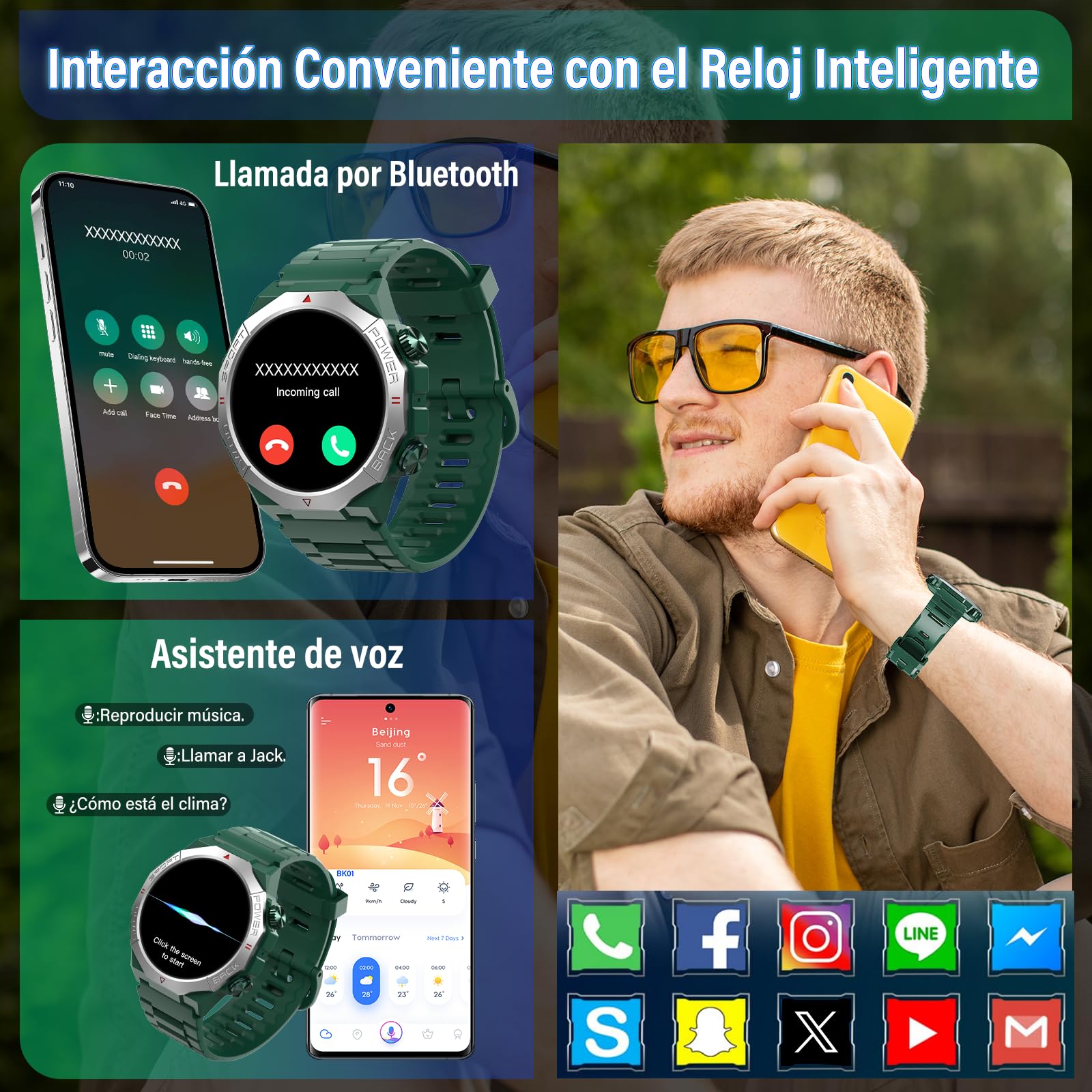 Reloj Inteligente Hombre, 1,39" Smartwatch con Llamadas Bluetooth, 110+ Modos Deportes Smart Watch, Podómetro/Monitoreo de Sueño/Pulsómetro, Impermeable IP68 Pulsera Actividad para Android iOS, Verde