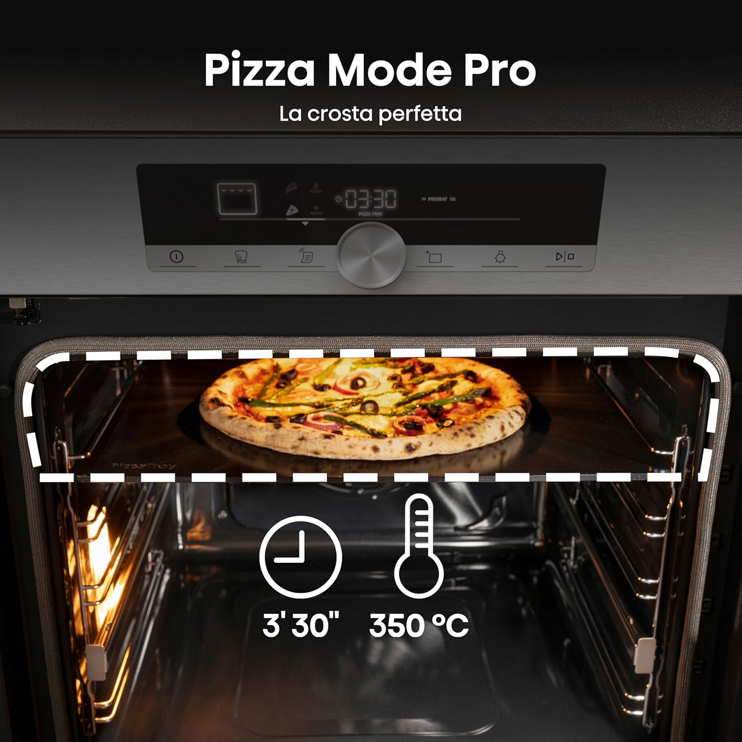 Image demonstrating the Pizza Mode Pro function with a pizza cooking at 350°C in 3 minutes 30 seconds