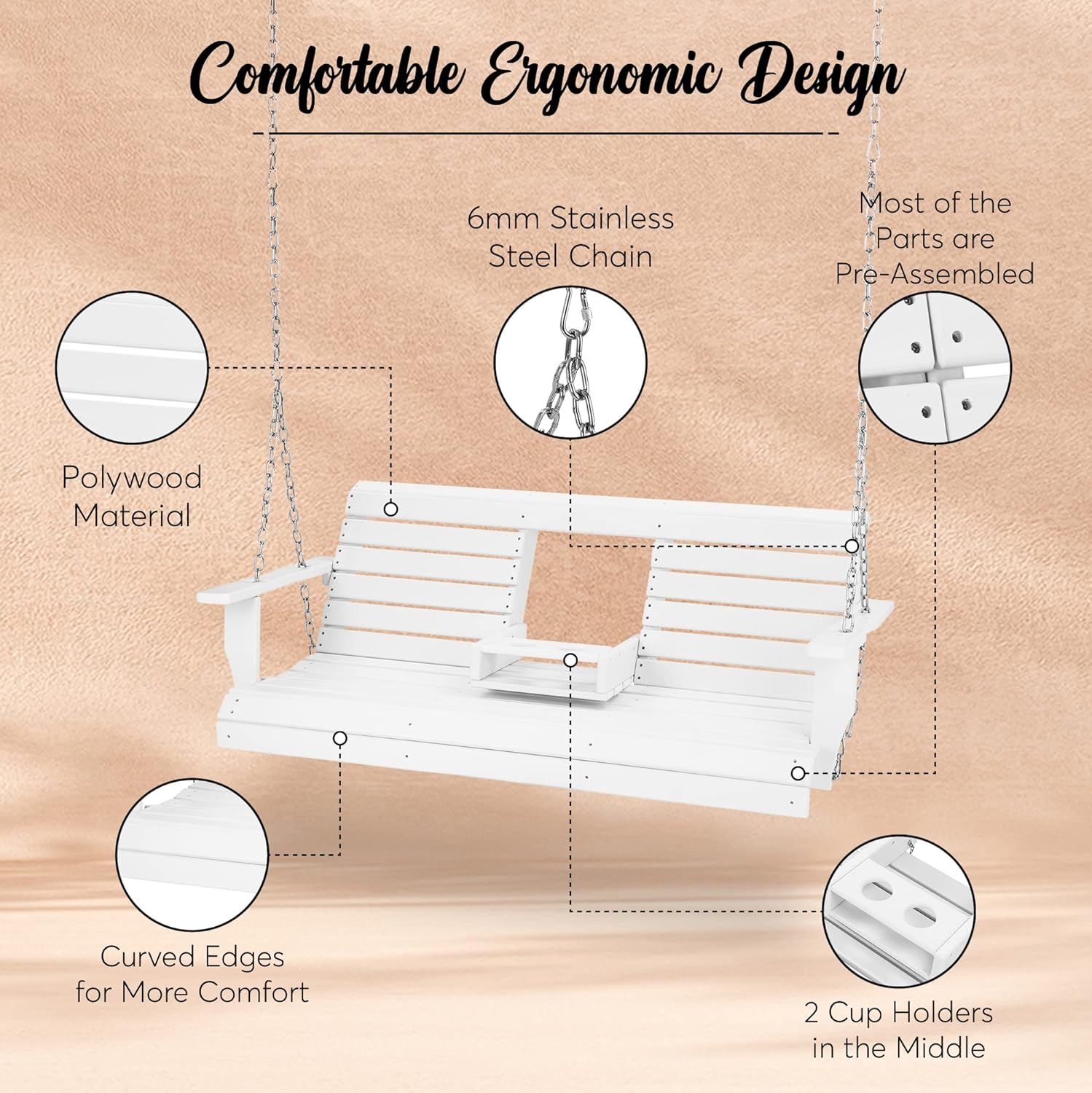 Buy BENAIYA POLYWOOD Porch Swing Outdoor Hanging Chair with Cup Holders