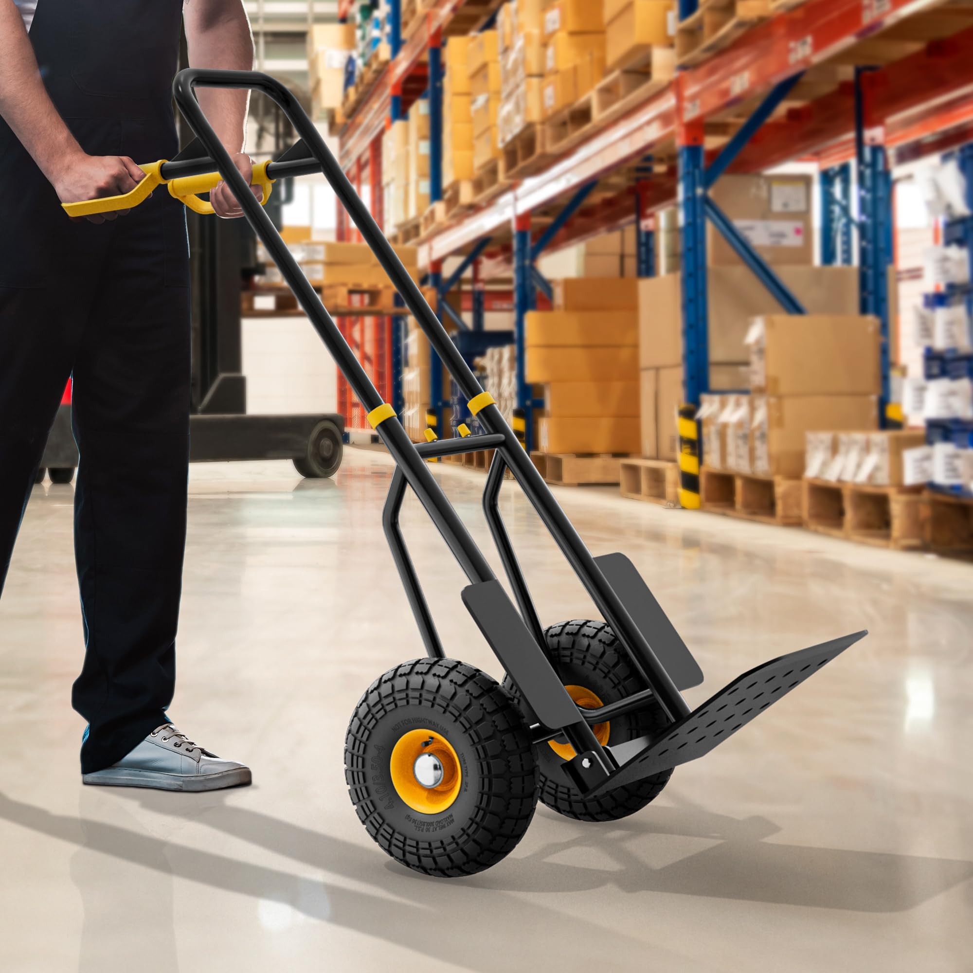 YITAHOME Carro de mano plegable con 2 ruedas industriales grandes, camión de saco resistente de altura ajustable con ruedas silenciosas de alto agarre, capacidad de 150 kg, incluye 2 cuerdas elásticas