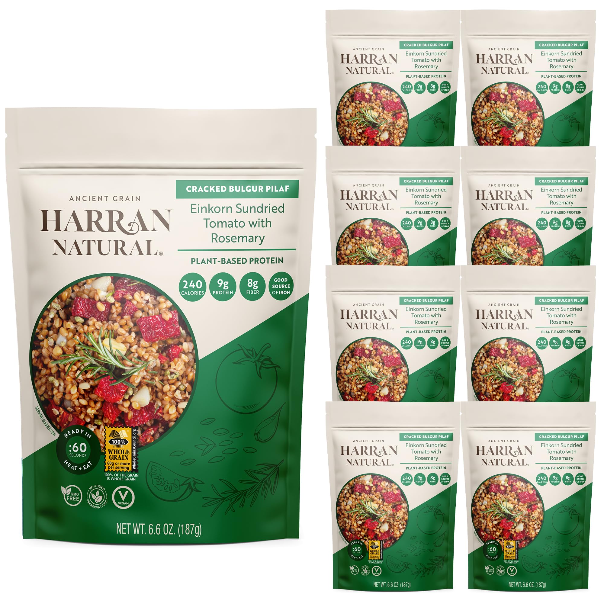 Harran Natural Bulgur Wheat Whole Grain Bulgur, Non-GMO, Low Carb + Calorie 9 Gram Protein, Bulgar, 6.6 Oz (Pack of 8) (Einkorn Bulgur Organic Sundried Tomatoes Rosemary Pilaf)