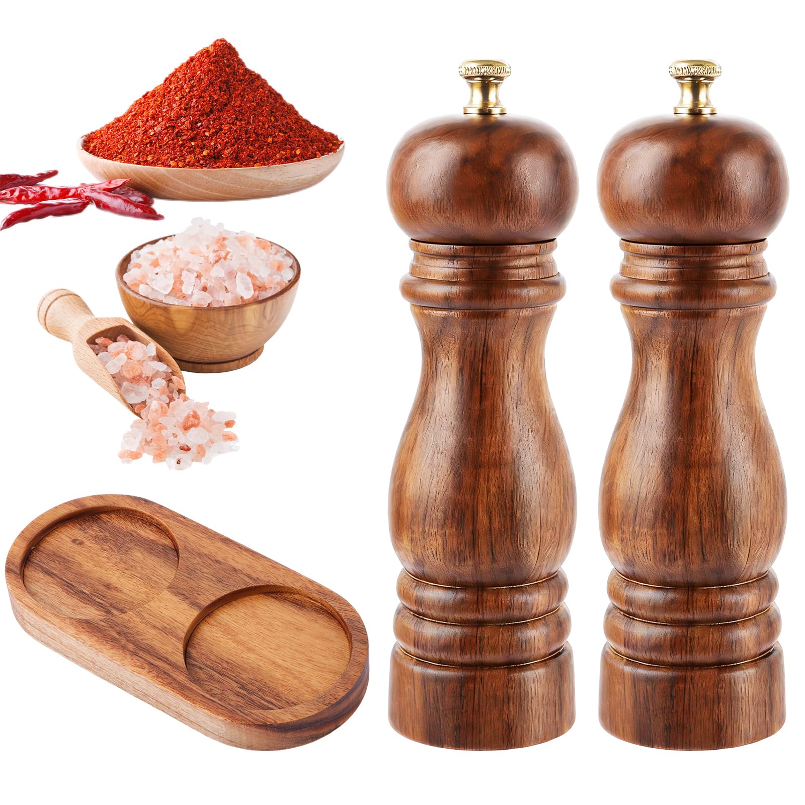 DAJAVE 3er Salz und Pfeffermühle Holz Set 20cm Pfeffermühle Holz Groß Keramikmahlwerk Gewürzmühle Salzmühle mit untersetzer Verstellbarem für Pfeffer Salz Gewürze Höhe