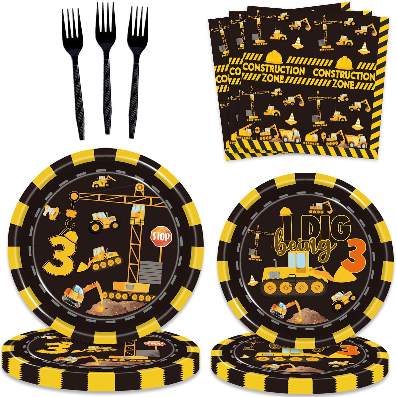 80 Pcs Construction 3rd Birthday Party Supplies Dump Truck Theme Three Decorations Tableware Includes Plates, Napkins, Forks for Boys Construction