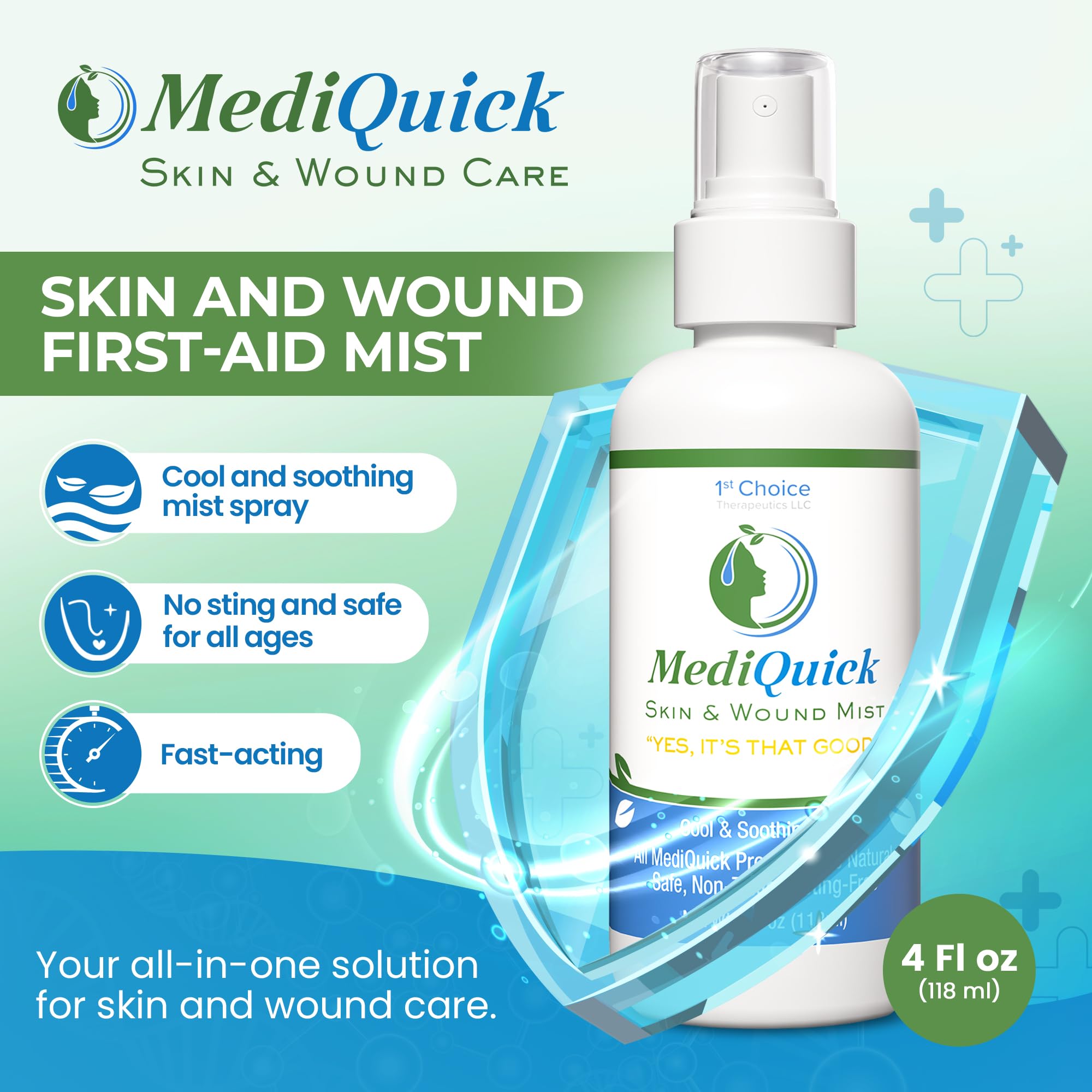 MediQuick Mgiełka w sprayu z kwasem podchlorowym, spray antyseptyczny bez żądła, 113 g | Naturalny żel do pielęgnacji ran na oparzenia słoneczne, skaleczenia, trądzik, ochrona 12 godzin