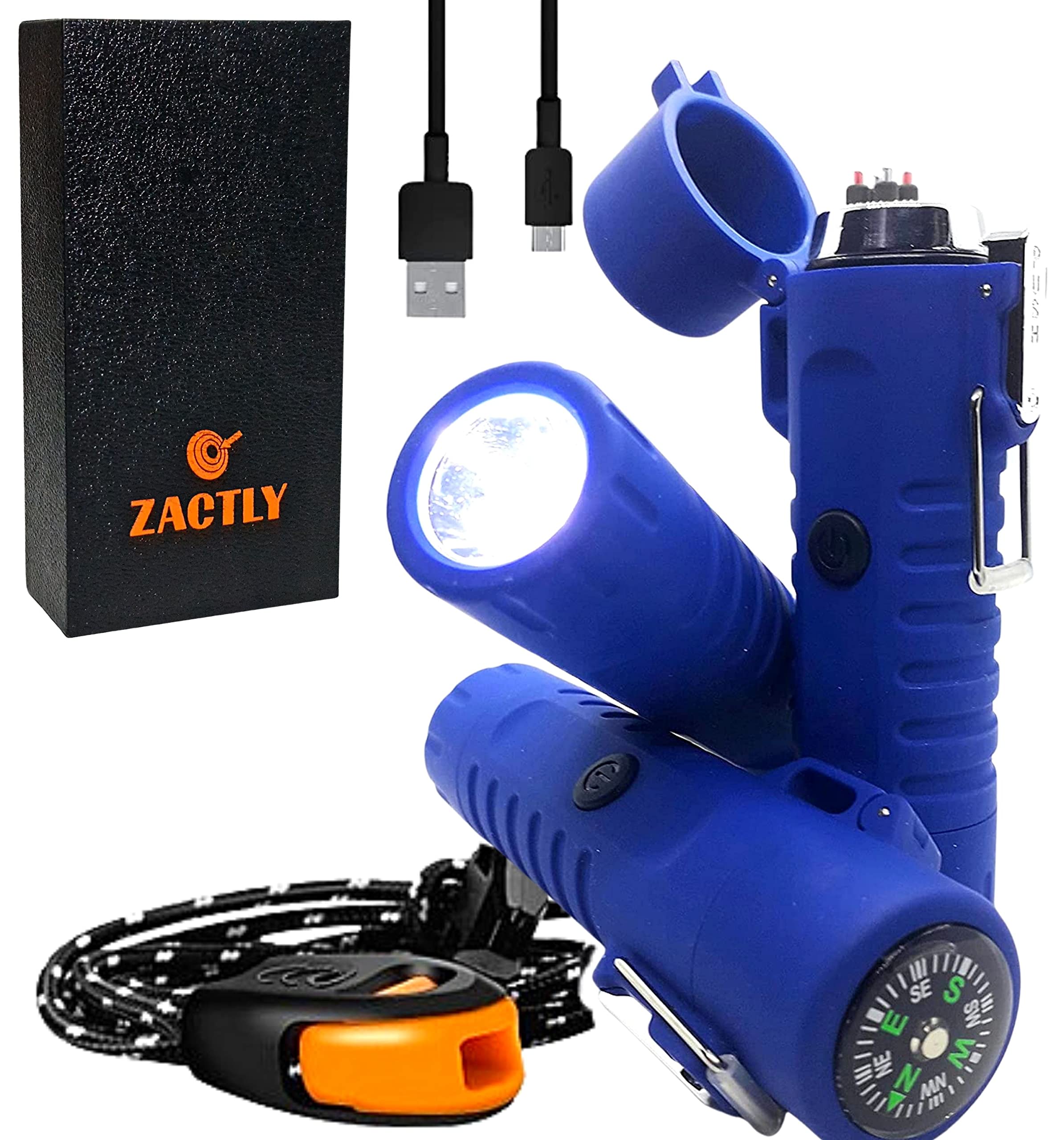 ZACTLYMODEL AL02 Electric Dual Arc USB Lighter Multifunction Waterproof Windproof Dustproof Rechargeable with Led Flashlight & Emergency Whistle, Camping & Outdoor Survival Tactical Tool (BLUE)
