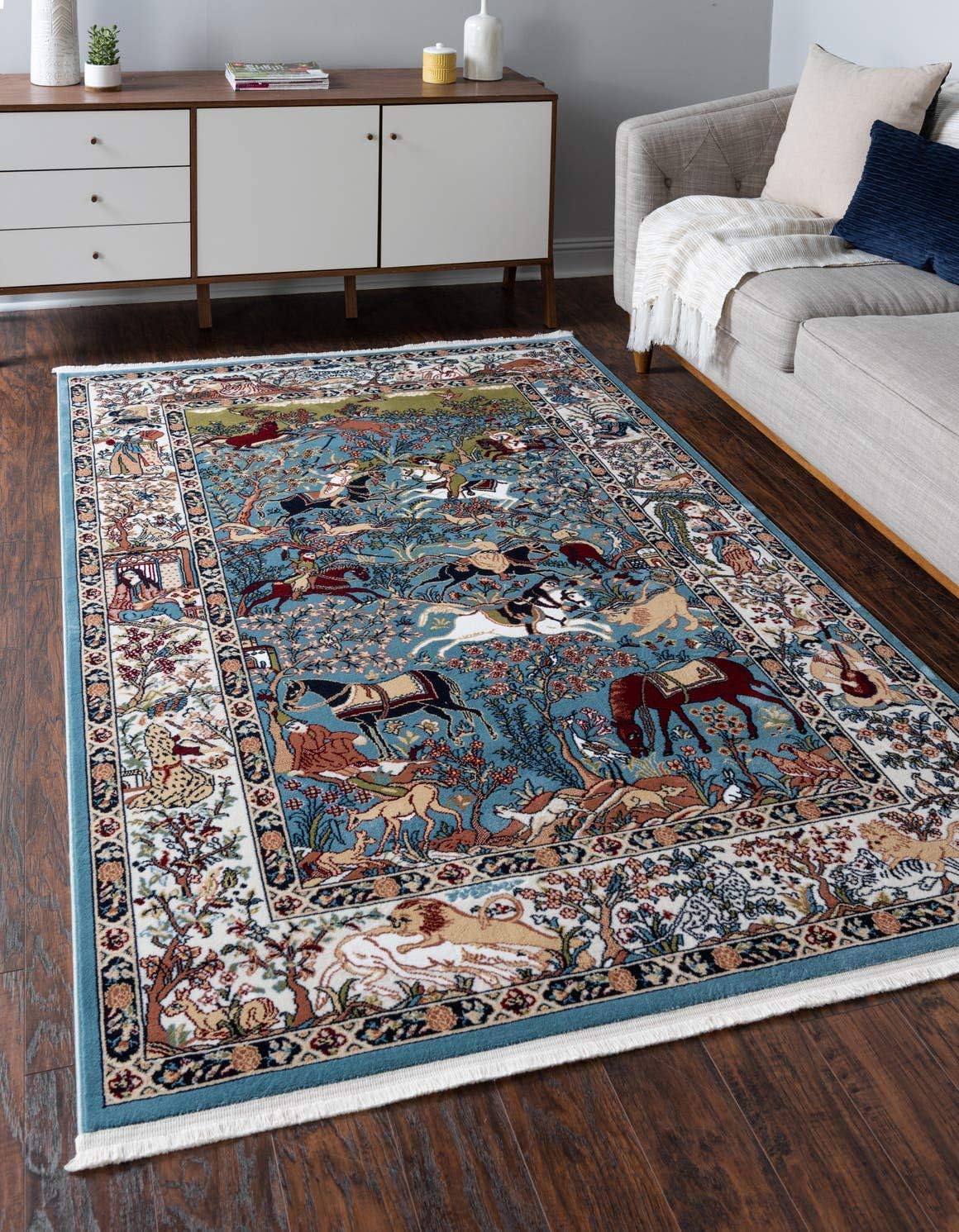Narenj Collection Area Rug - Birmingham (5' 1" x 8' Rectangle, Blue/ Burgundy)