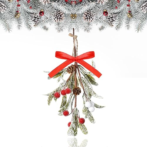 Miniatura 12 de Giegxin 1 pieza de adorno de muérdago artificial de Navidad con lazo rojo, decoración colgante de muérdago de Navidad, ramo floral, conos de pino