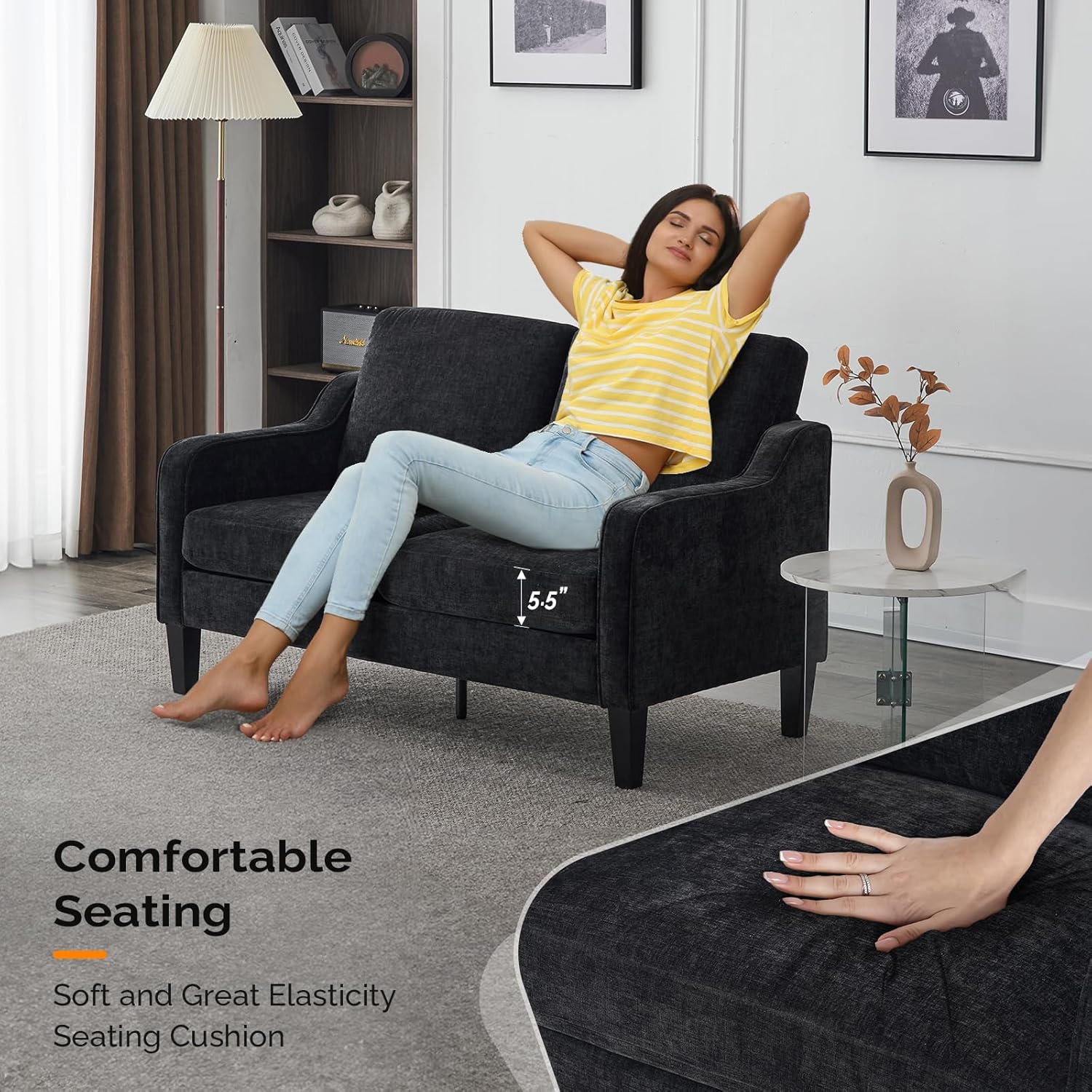 VINGLI Mid-Century Modern Loveseat Sofa Couch, Living Room 53" Love Seat 2 Seater Upholstered Comfy Couches with Scooped Armrest for Small Spaces, Dorm, Bedroom, Apartment, Office (Black)