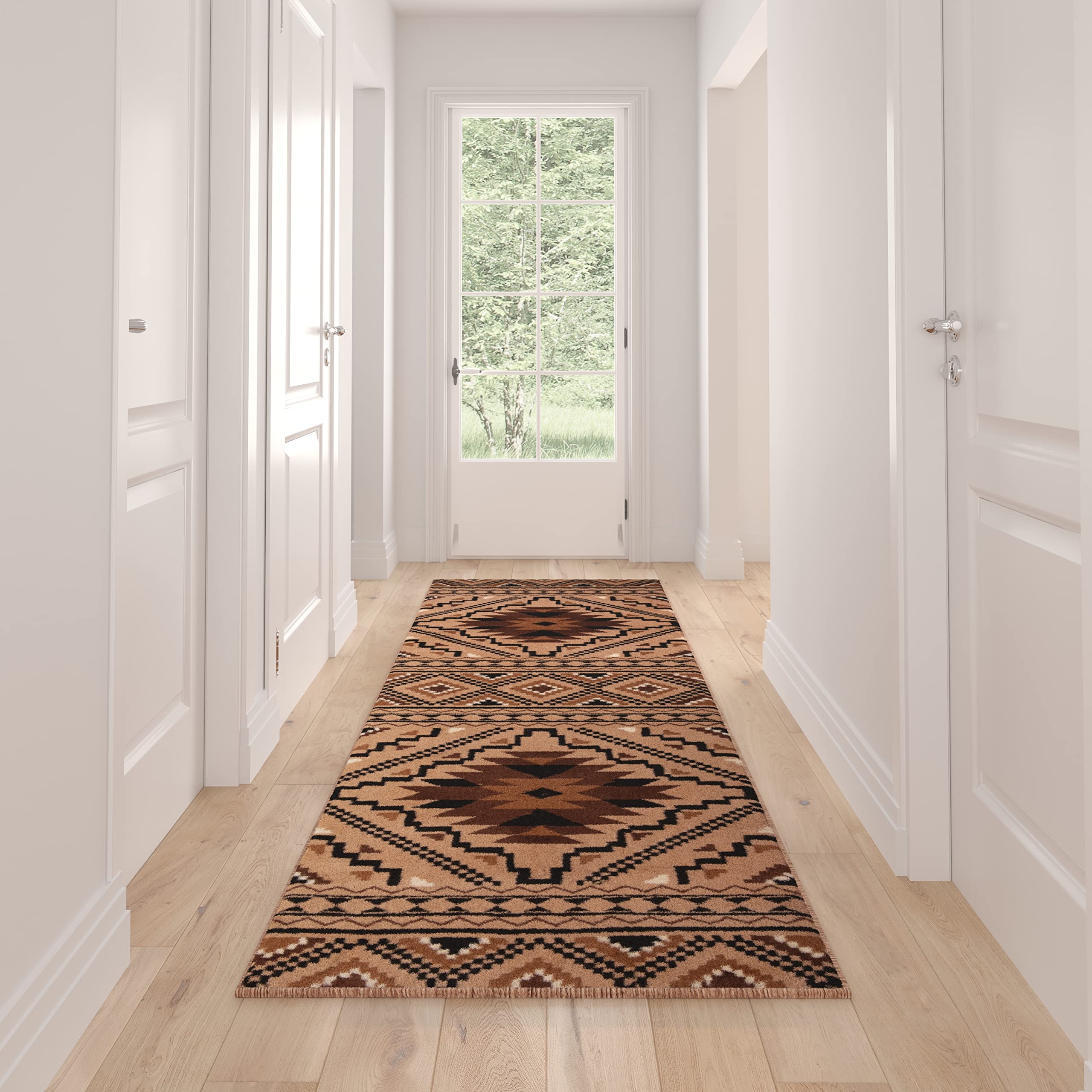 Masada Masada Rugs, Winslow Collection 3'x10' Southwestern Print Accent Runner Rug in Brown, Beige and Black with Cotton Backing