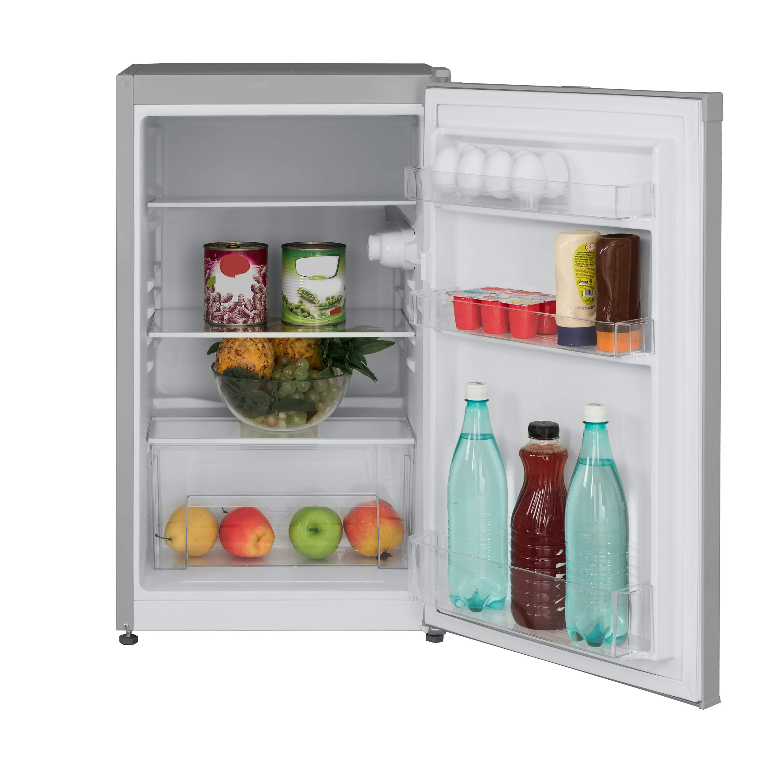 TELEFUNKEN Kühlschrank 90 L Freistehend Klein mit Gemüsefach 3 Ablagen Temperaturregelung LED Innenbeleuchtung silber CF-31-121-S