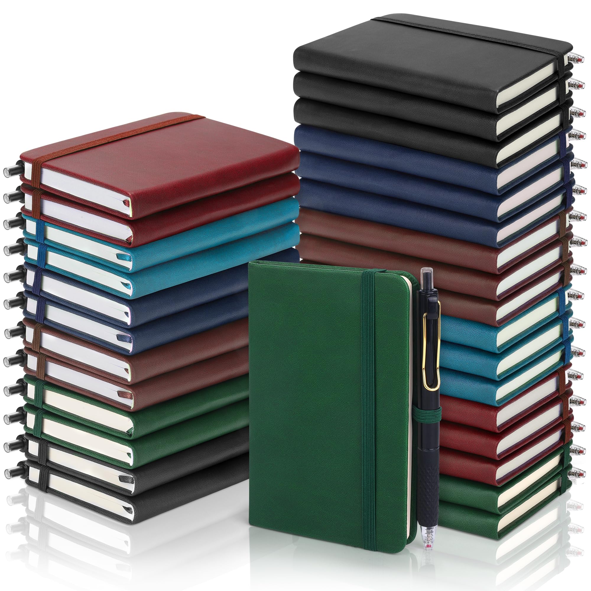 Aodaer 50 juegos de cuadernos de bolsillo con bolígrafos, 160 páginas, 3.5 x 5.5 pulgadas, mini cuaderno rayado A6 de cuero de tapa dura con soporte para bolígrafo para la escuela, oficina, multicolor