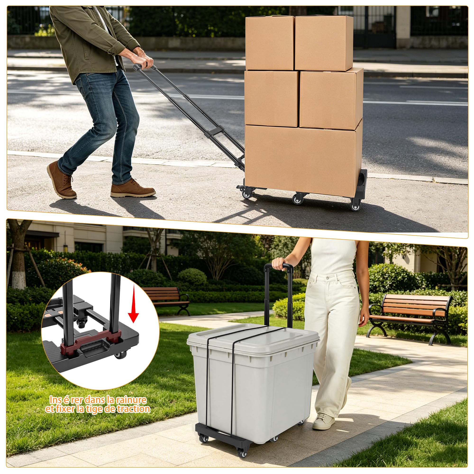 OUUTMEE Diable Pliable - Capacité de Charge Jusqu'à 225 kg | Roulettes Silencieuses, 6 Roues, 2 Cordes élastiques, Chariot à Utilitaire Pour Déménagement/Bureau/Transport intérieur