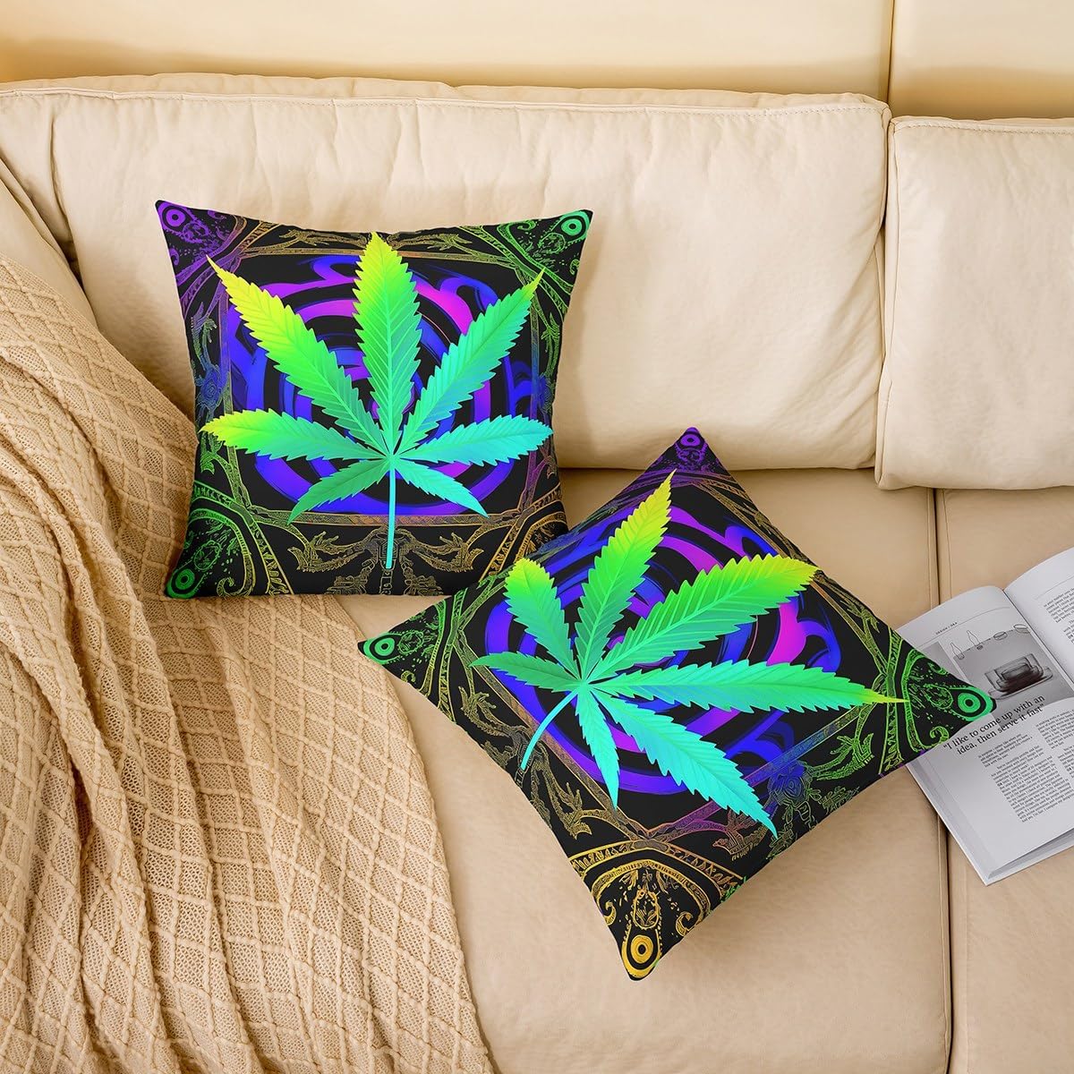 Marijuana Weed Leaf Throw Pillow Covers 24"x24" Set of 2 Boho Cannabis Leaves Pillow Cases Cushion Covers For Living Room Bedroom Botanical Plants Print Decorative Throw Pillowcases for Couch Chair