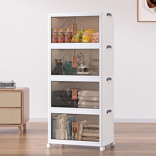 VECELO Contenedores de almacenamiento apilables de 19 galones con tapa, paquete de 4 gabinetes de almacenamiento plegables de plástico, organizador