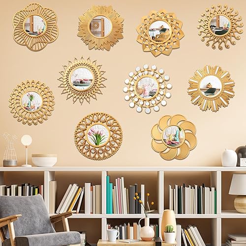 Barydat 10 espejos de sol dorados bohemios para decoración de pared, espejos de pared decorativos de plástico de 10 pulgadas para entrada, hogar,