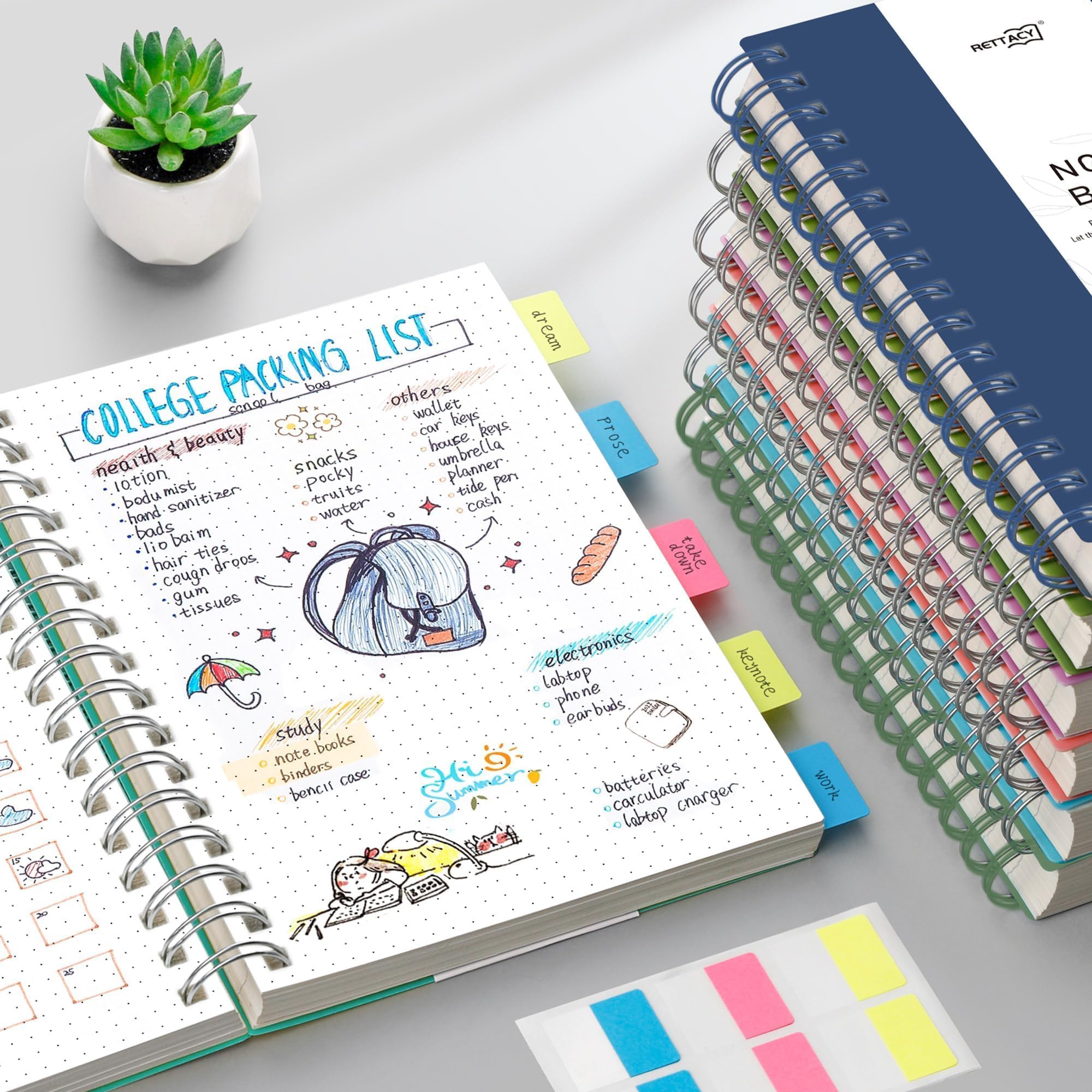 RETTACY Gepunktetes Tagebuch, 300 Seiten, A5, mittlere Größe (14 x 21 cm) | 100 g/m² dickes Papier, flexibler Kunststoffeinband, Spiralbindung, für Journaling, Planung, Tracking (Marineblau)