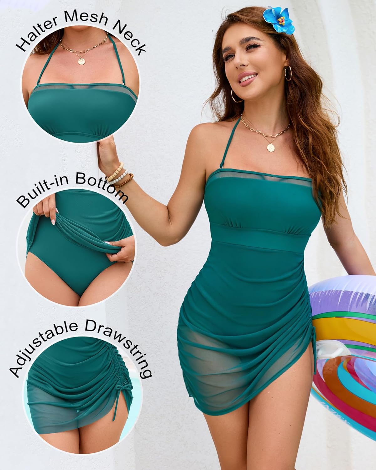 XUNYU One Piece Swimsuit Women Tummy Control Bathing Suit Strapless Bandeau Modest Swim Suits Full Coverage Mesh Swim Dress