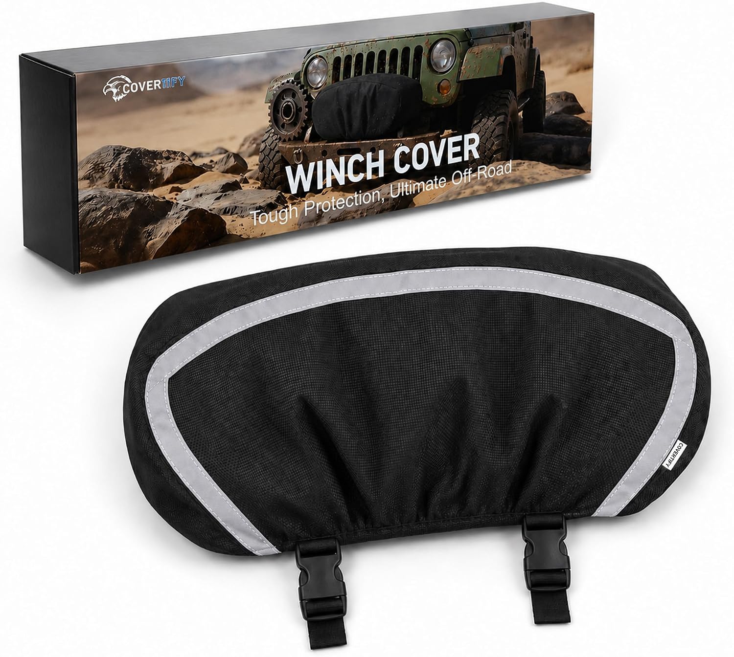 Winch Cover 12000 lb Heavy Duty 900D Oxford, Waterproof Sunproof Winch Cover With Reflective Safety Ribbon and Reinforced Stitching, Universal Winch Accessories Fit 8000-13500 lb