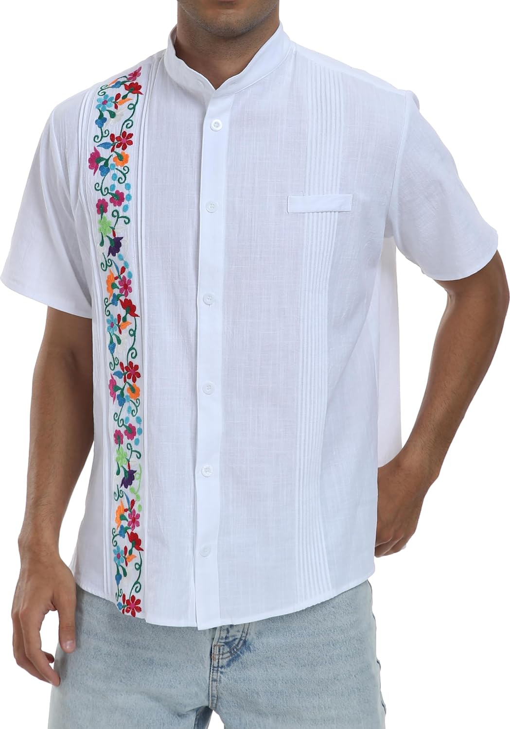 YZXDORWJ Men's Mexican Cuban Shirt Embroidered Traditional Button Down Shirt Summer Band Collar Short Sleeve Tops