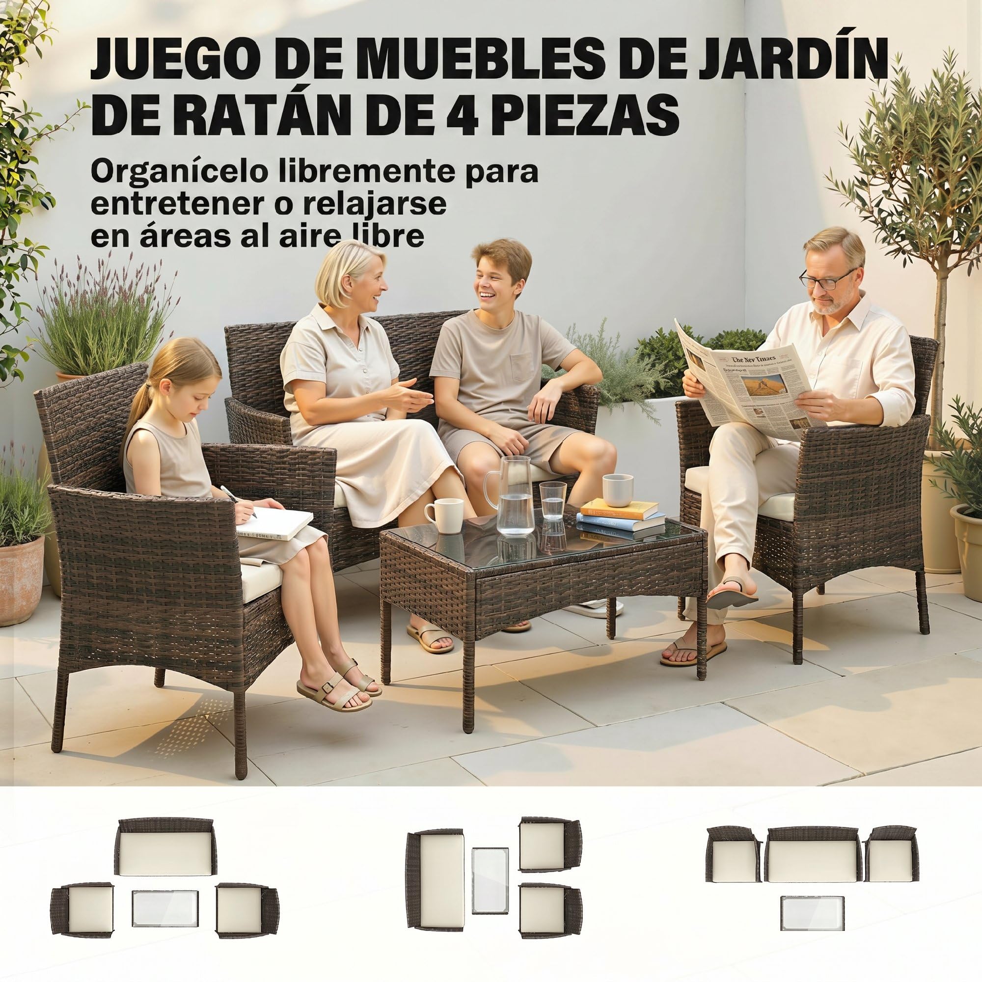 Outsunny Conjunto Jardín Exterior de Ratán con Cojines Conjunto Terraza Resistente a la Intemperie Muebles Jardín Exterior con 2 Sillones Sofá de 2 Plazas Mesa con Cristal Marrón
