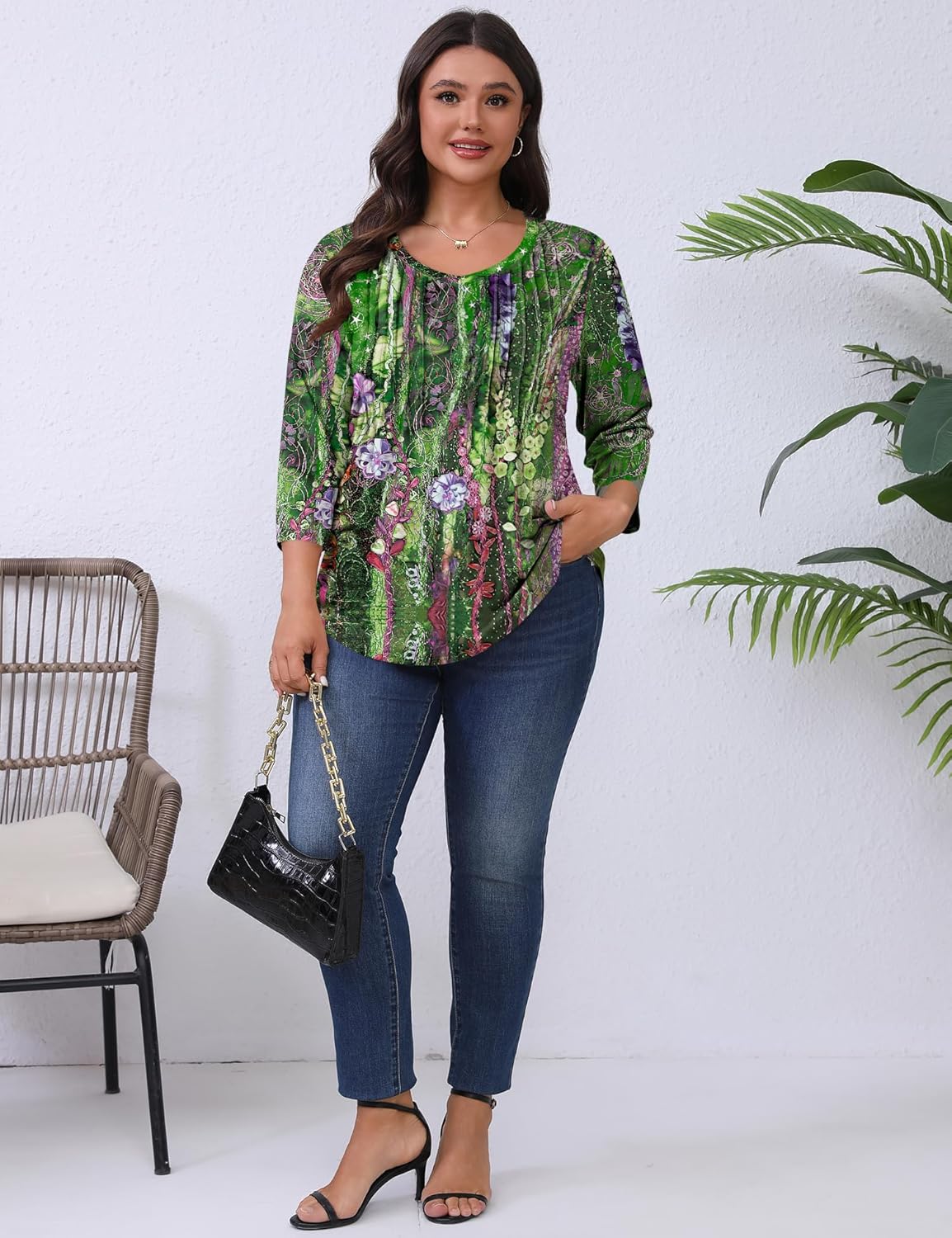 Romanstii Plus Size Tops for Women Womens 2026 Spring 3/4 Sleeve Blouses Dressy Casual V-Neck T-Shirts Pleated Tunic XL-5XL - Image 4