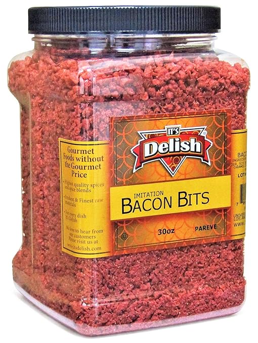 Imitation Bacon Bits by Its Delish, 30 Oz Jumbo Reusable Container | Kosher Parve Vegan for Salad Topping, Eggs, Baked Potatoes with Smoky Flavor and Crunch