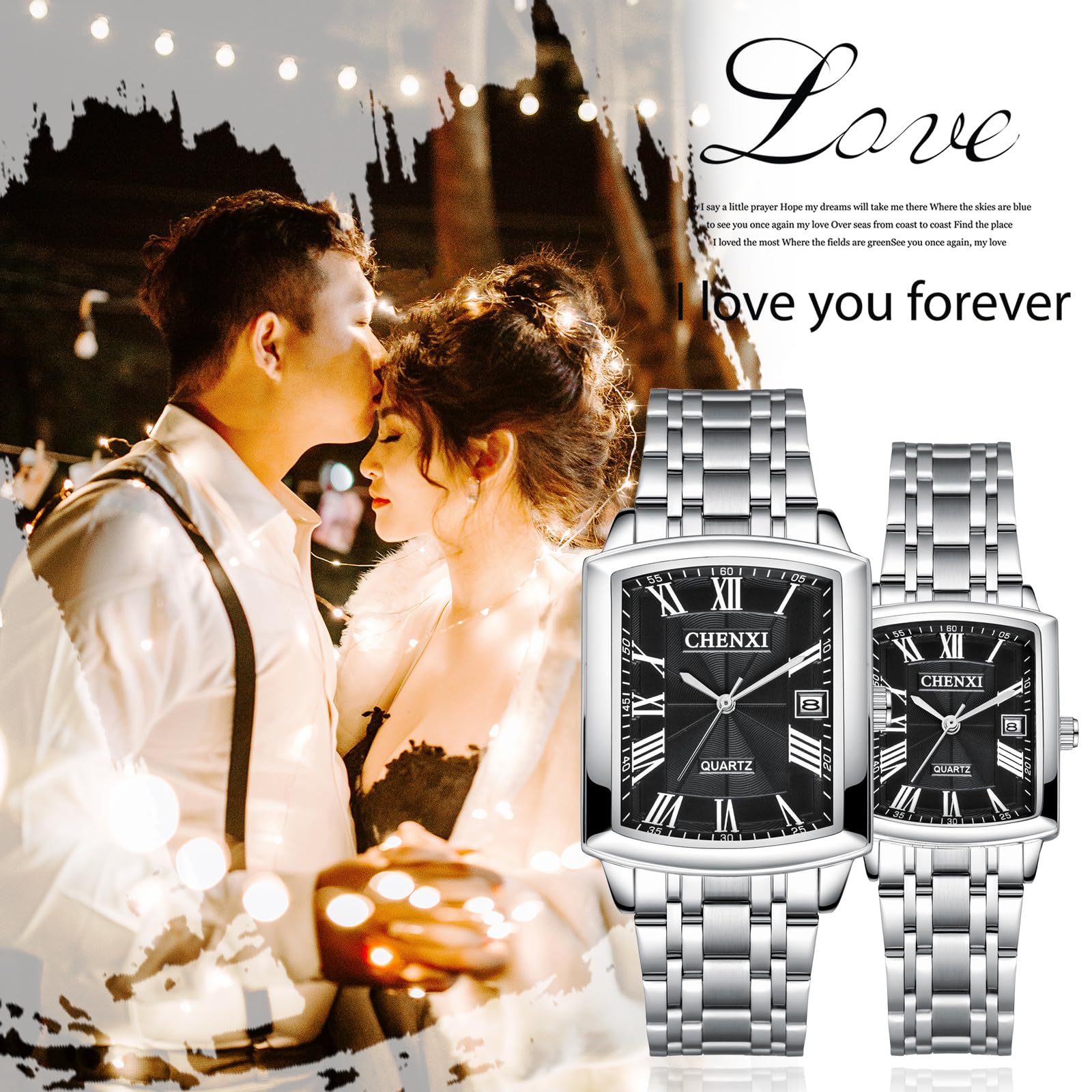 JewelryWe Reloj de pulsera analógico para hombre y mujer, cuarzo, rectangular, cerámica, banda de cerámica, para parejas, con brillantes, color negro y blanco, regalo de San Valentín, Relojes