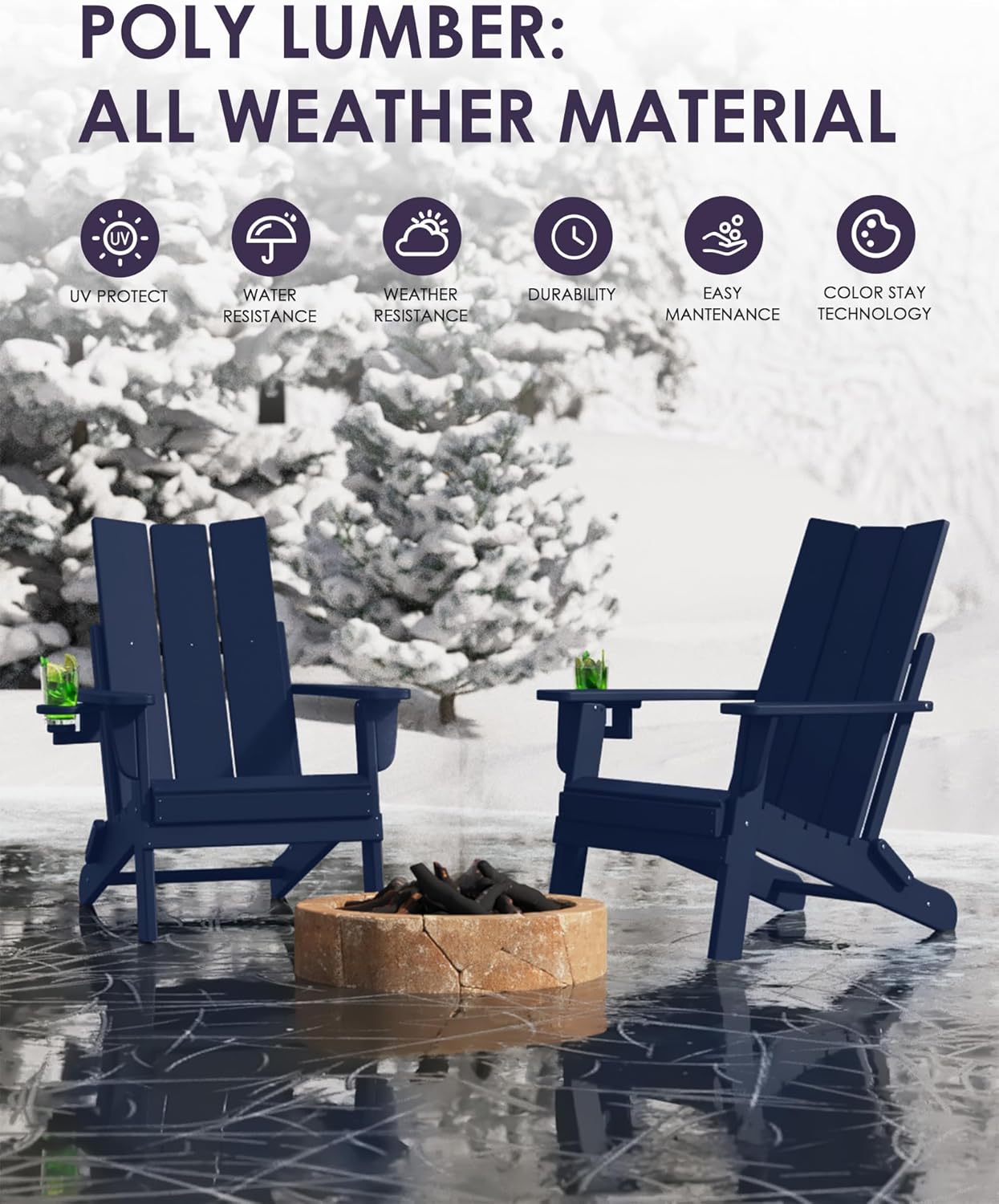 Folding Adirondack Chair, All-Weather Resistant HDPE Patio Firepit Seat, Sturdy Outside Furniture With Cup Holder, Pre-Installed Lawn Seat, Load Capacity 385lb, Navy Blue