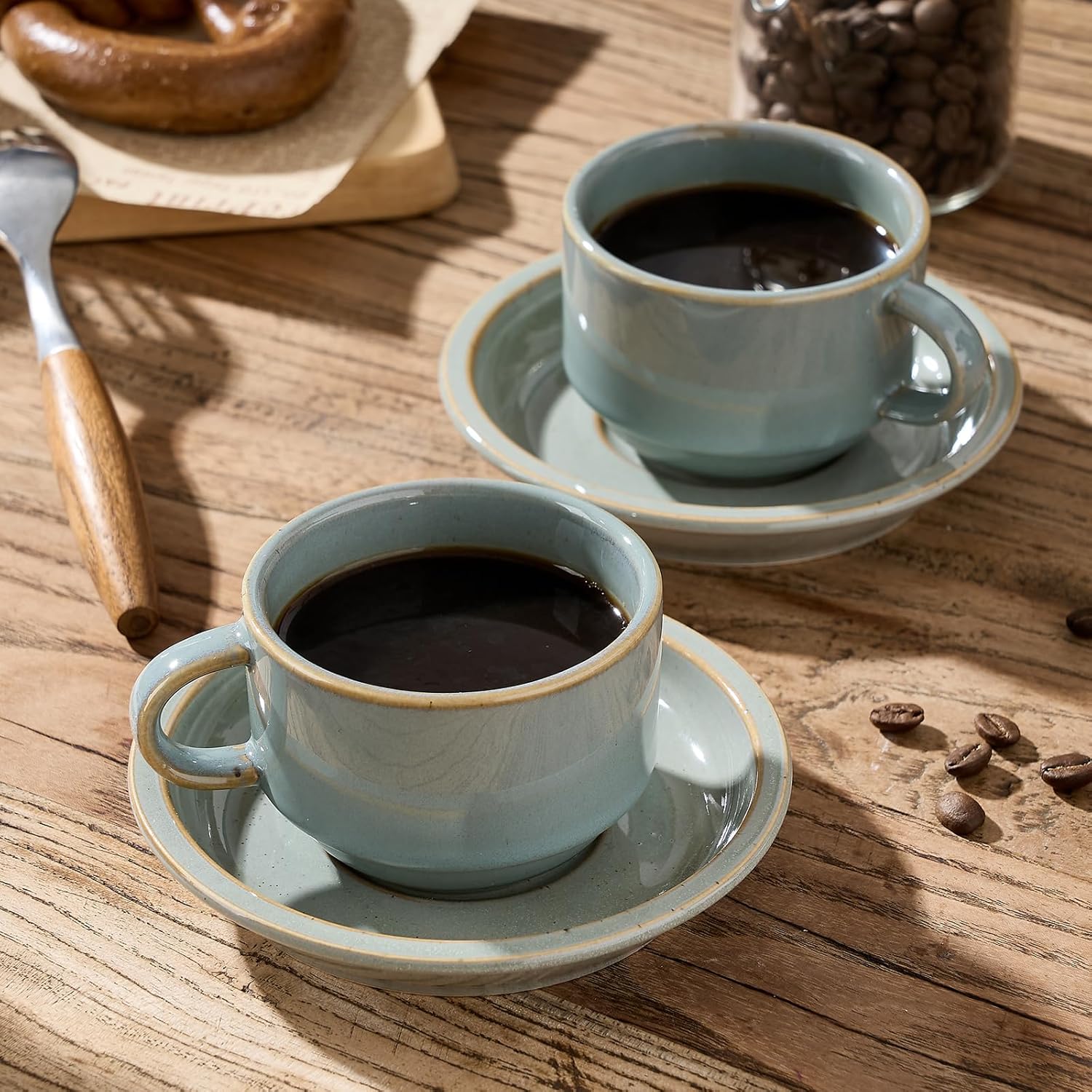 JIEMEI HOME Porcelain Stackable Espresso Cups with Saucers and Metal Stand, 4 Ounce Demitasse Cups for Latte, Cafe Mocha Tea-Set of 6 Espresso Mugs, Reactive Glaze, Green - Image 6