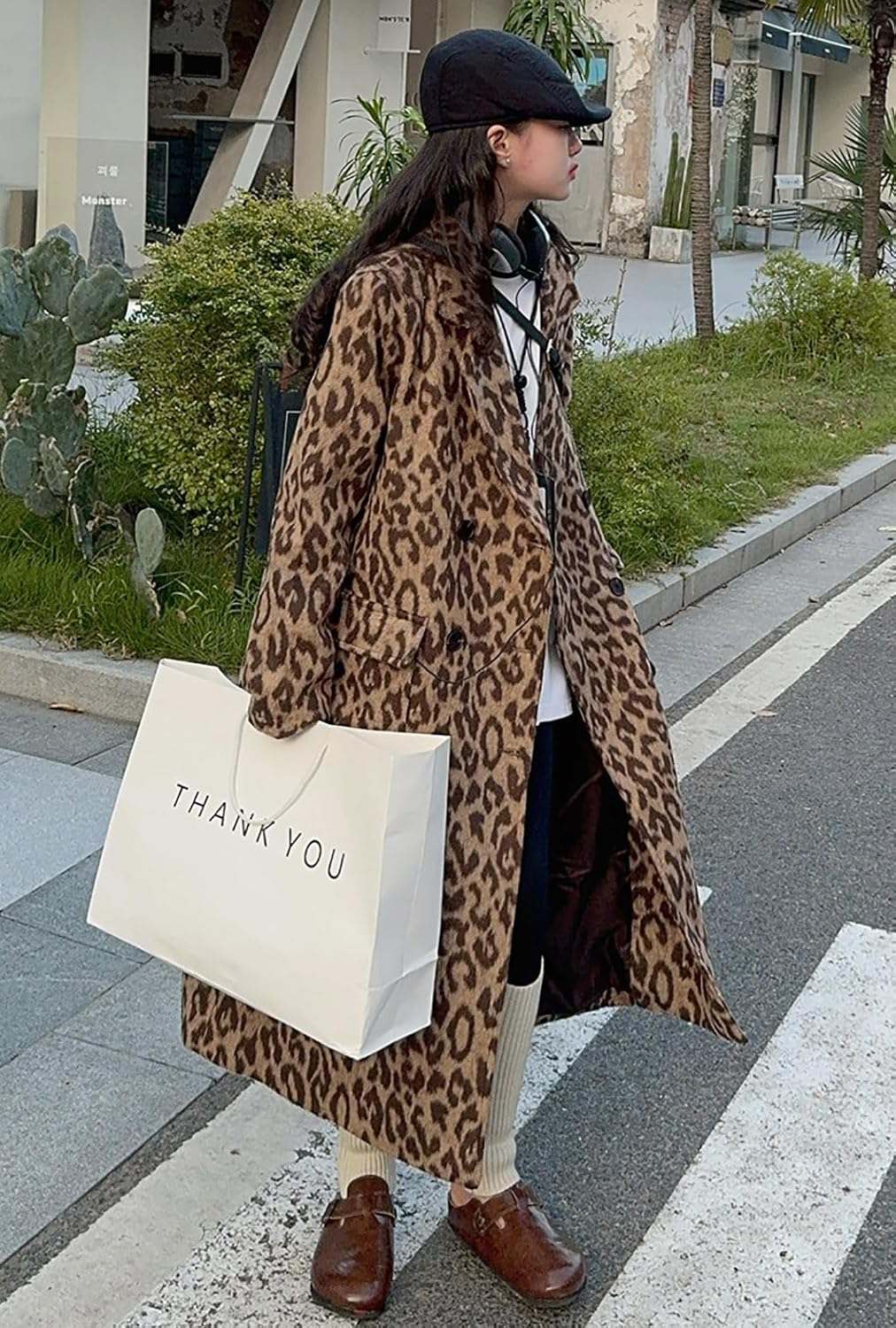 utcoco Womens Leopard Long Wool Trench Coat Notched Lapel Double Breasted Pea Coat Winter Warm Overcoat - Image 4