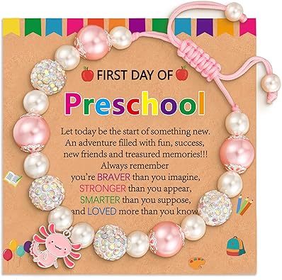 Back to School First Day of Kindergarten Bracelets Gifts Stuff for Girls Kids, Adjustable Axolotl Charm Pearl Bracelet Jewelry Gifts for Daughter Granddaughter