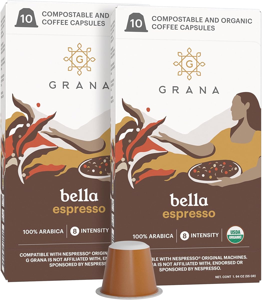 G GRANA Coffee Pods for Nespresso OriginalLine, Bella, Dark Roast, 20 Ct | USDA Organic 100% Arabica | Bella Single-Origin Guatemalan | Compostable Single-Serve Capsules