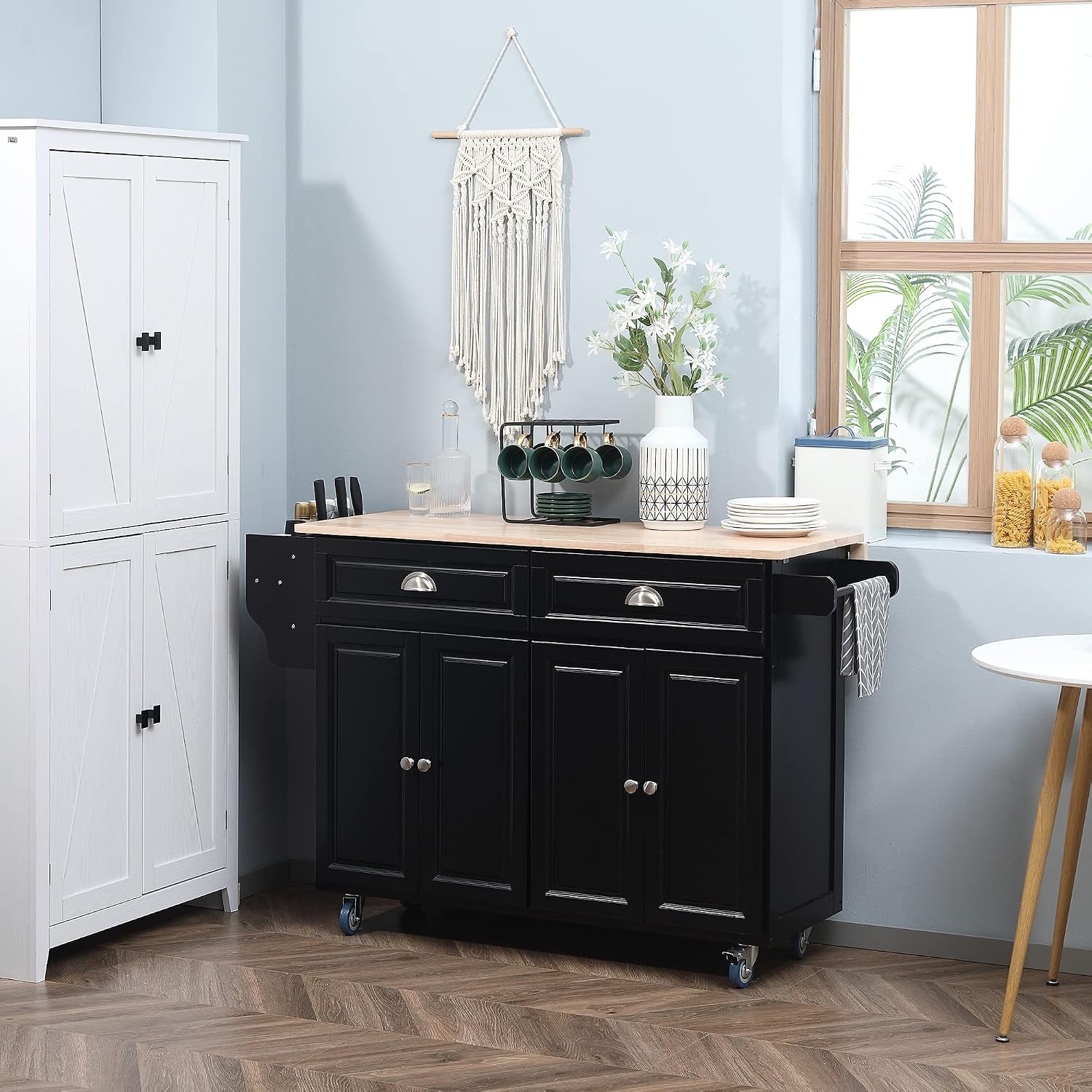 HOMCOM Rolling Kitchen Island on Wheels Utility Cart with Drop-Leaf and Rubber Wood Countertop, Storage Drawers, Door Cabinets, Black