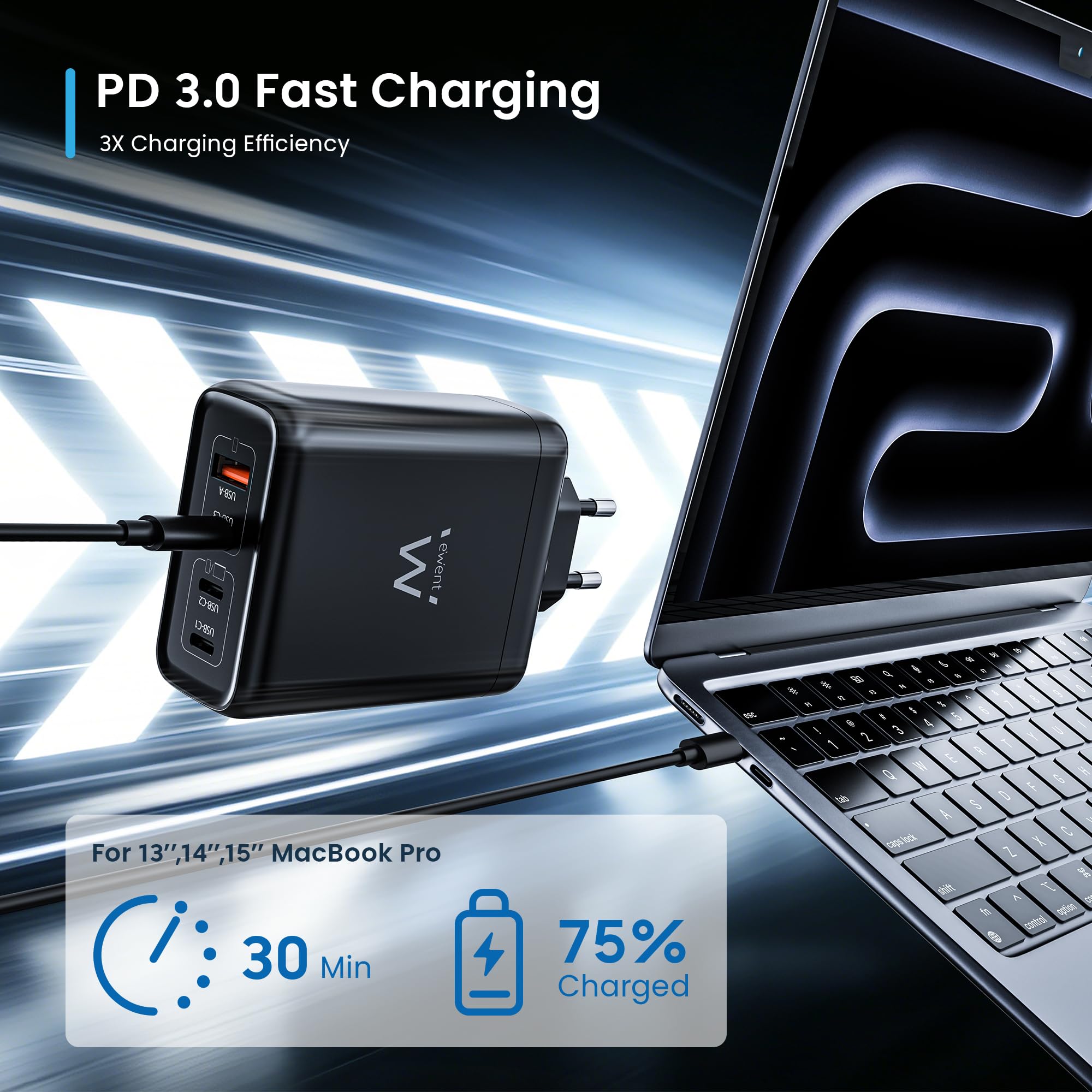 Ewent Caricatore USB C 140W, Caricabatterie Rapido GaN Fast 4 Porte USB (3 USB-C PD 3.1 + 1 USB-A QC 3.0), per Notebook, MacBook, iPhone 17, iPad, Android con Cavo USB-C 240W da 2 m, Nero