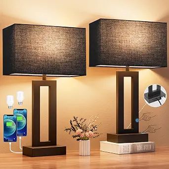 Nightstand Table Lamps for Bedrooms Set of 2 - Touch Bedside Lamp with USB C+A, 3 Way Dimmable Living Room Lamps for End Tables Set of 2, Modern Night Stand Lamps for Bed Side Guest Room(Black)