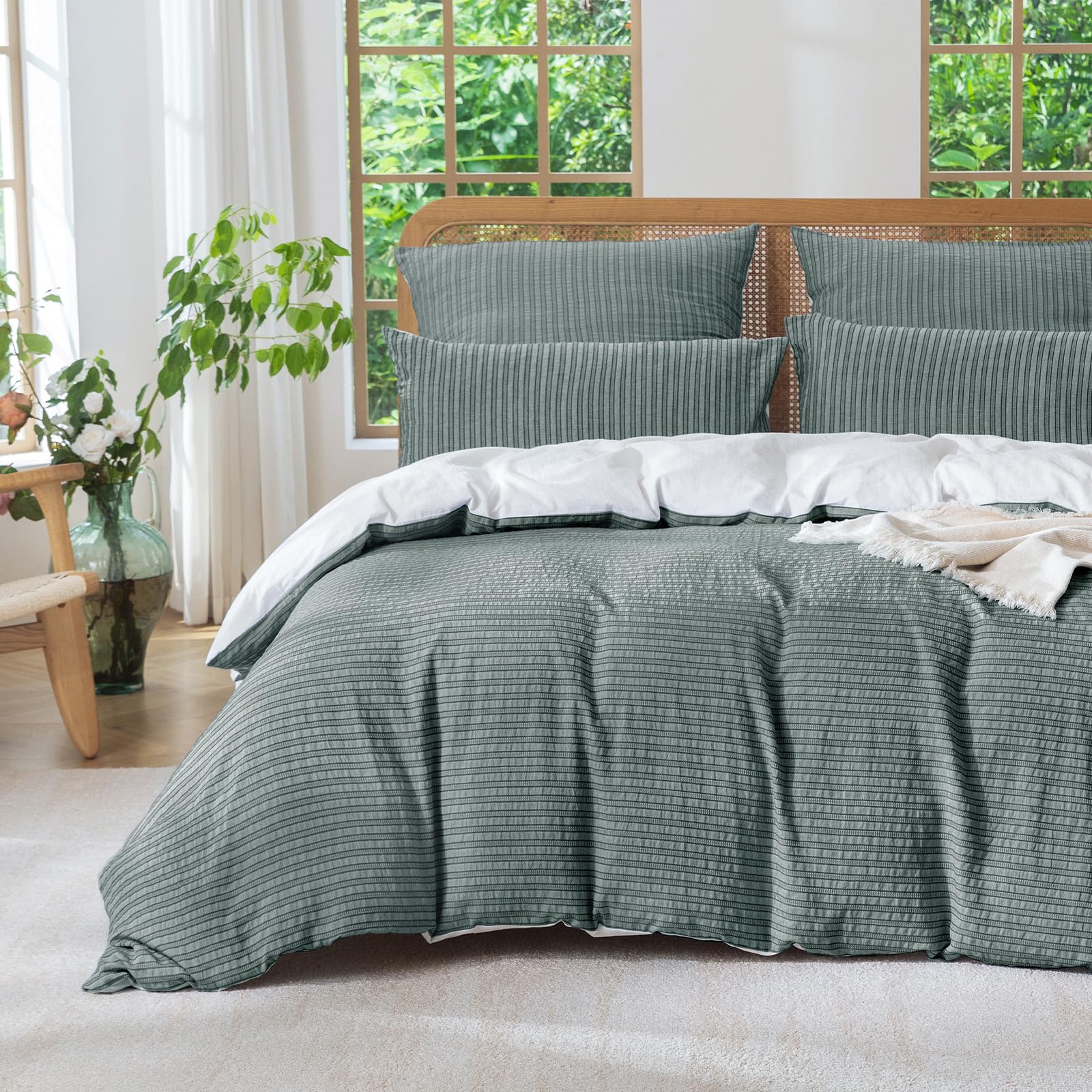 Housse de couette 240x260 coton jacquard rayures vert foncé avec 2 taies SOULFUL