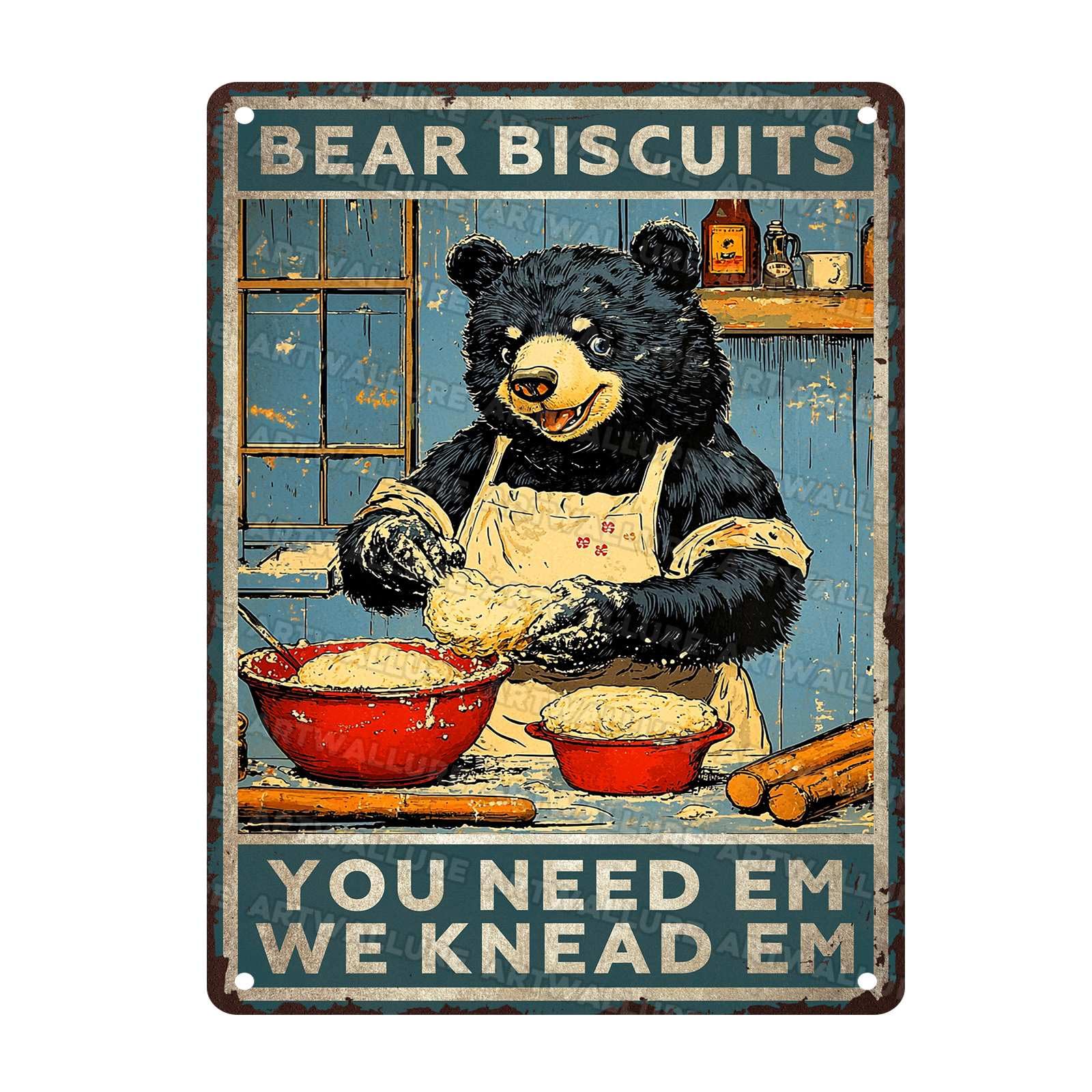 Retro Funny Bear Metal Tin Sign Vintage Kitchen Bear Wall Decor Rustic Art Plaque Home Coffee Shop Baking 12x16Inch