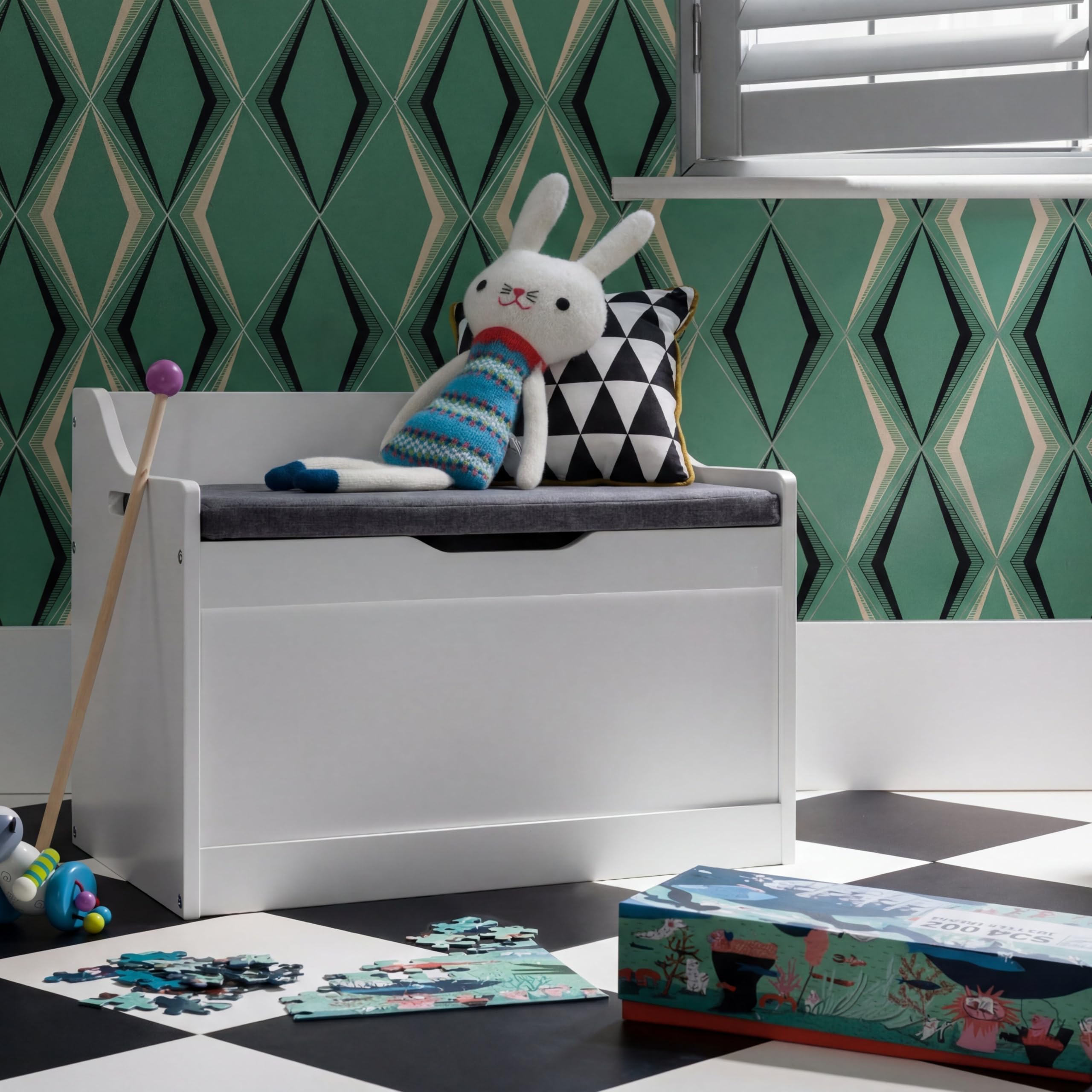 Noa And Nani White Lola Toy Storage Box With Padded Seat Cushion - Wooden Chest With Soft-Close Safety Lid