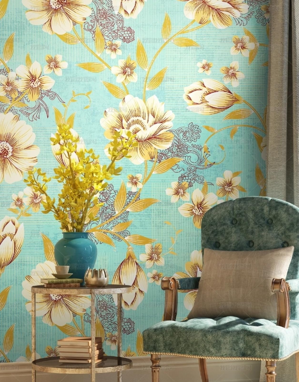 Papier peint autocollant floral bleu doré vinyle adhésif meuble 45x600cm