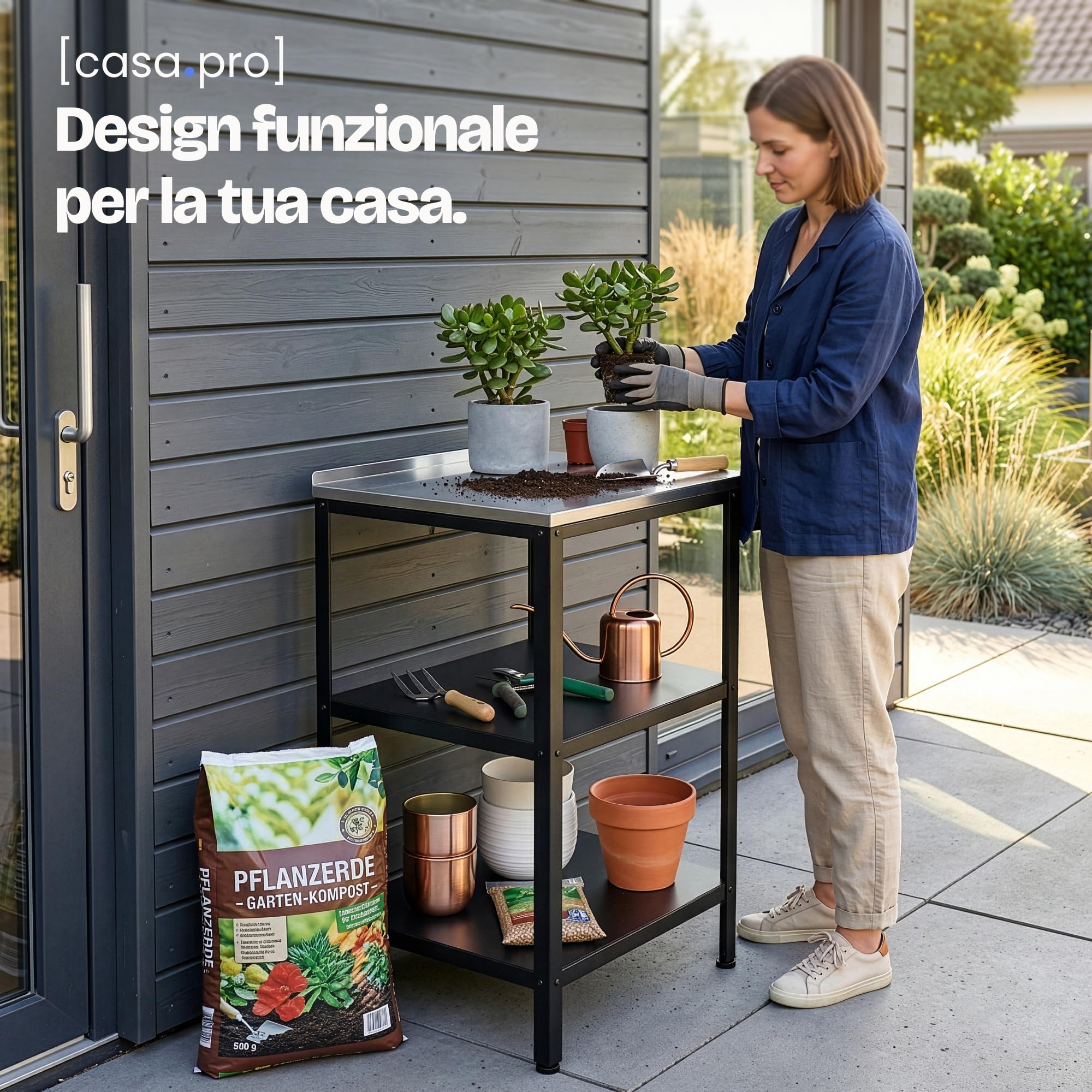 casa.pro Bancone da Giardino Scaffale da Esterno a 3 Ripiani 92 x 50 x 50 cm Mobile in Acciaio con Piedini Regolabili per Livellare - Argentato/Nero opaco