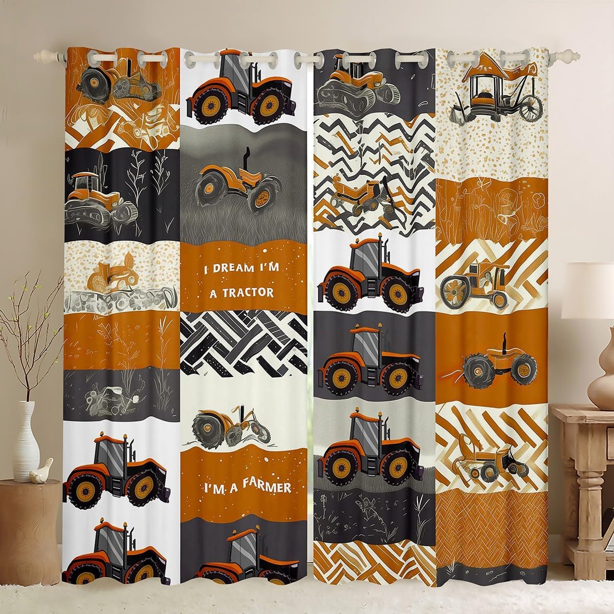 Erosebridal Yellow Cartoon Car Blackout Curtains 38" W x 45" L Farm Truck Tractor Curtains for Women Men Harvester Construction Vehicle Window Curtain & Drapes Farmhouse Equipment Window Treatments