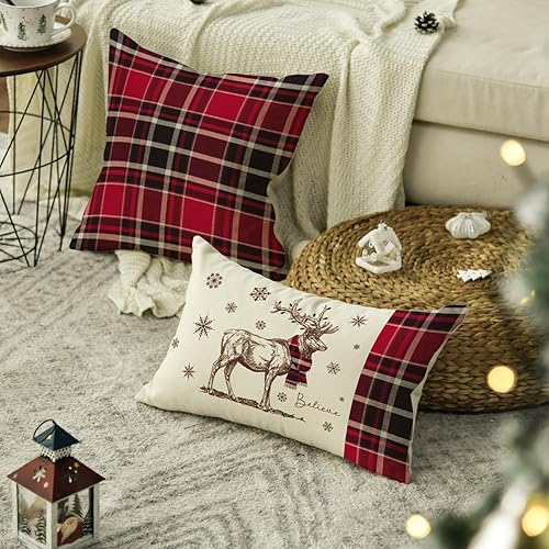 Miniatura 2 de AVOIN colorlife Juego de 2 fundas de almohada de Navidad, renos, copos de nieve, búfalo, cuadros, 12 x 20 y 18 x 18 pulgadas, fundas de cojín de