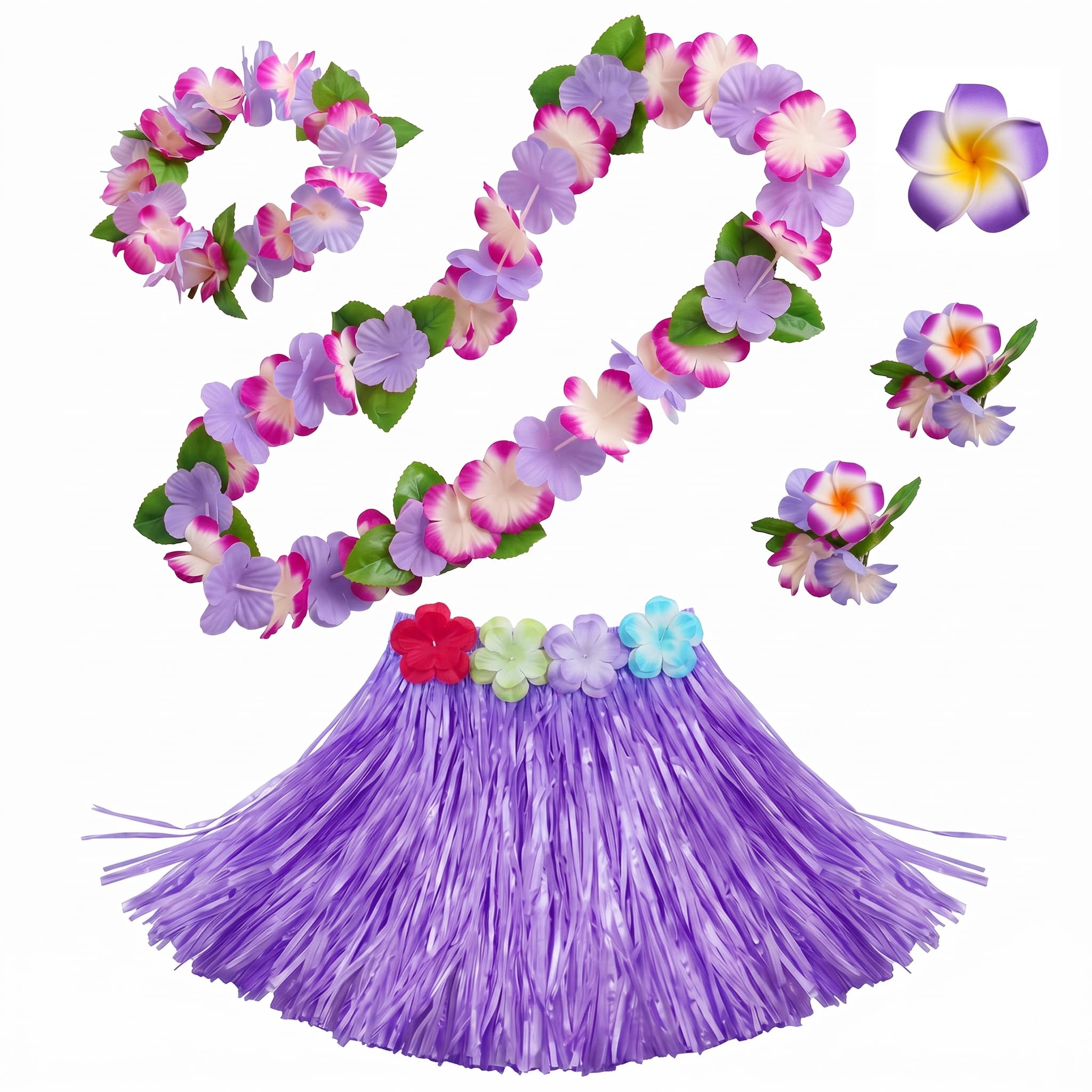 5Pcs Hawaiian Fancy Dress Set,Hawaiian Garland,Hawaii Accessories Garlands Outfit Bracelet Necklace,Hula Skirt,Grass Skirts Costume,Beach Party Fancy Dress Caribbean,Flower Hawaii Leis (Purple) — image 1